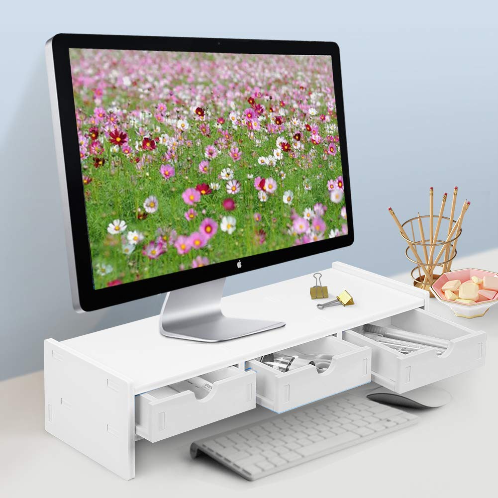 Monitor Stand Riser, Computer Laptop Riser Shelf With 3 Organizer Drawers (White, 19.5''L X 7.5''W X 4.7''H) (White)