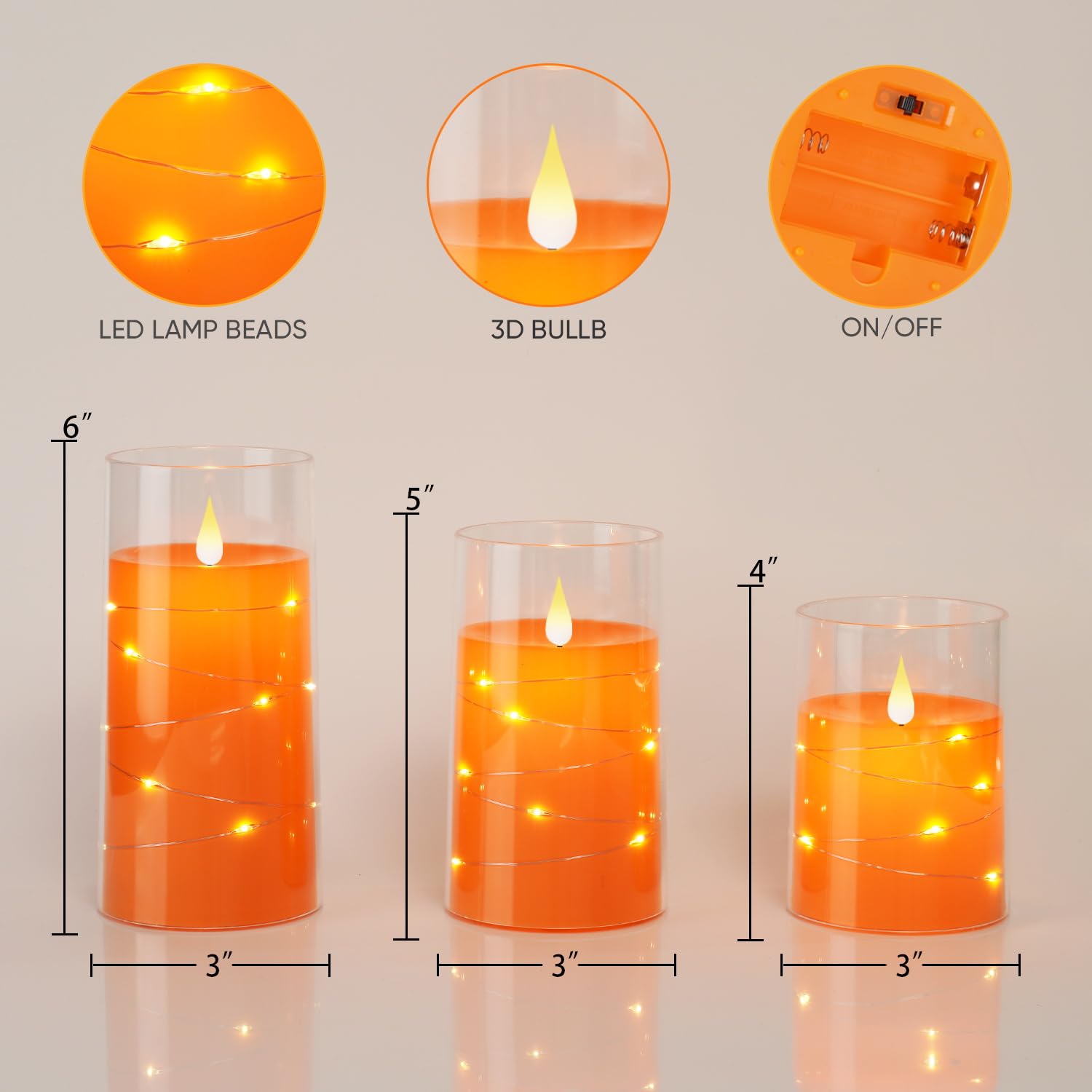 Homemory Halloween Orange Flameless Candles With String Lights, Battery Operated Led Candles With Remote And Timer, Candles For