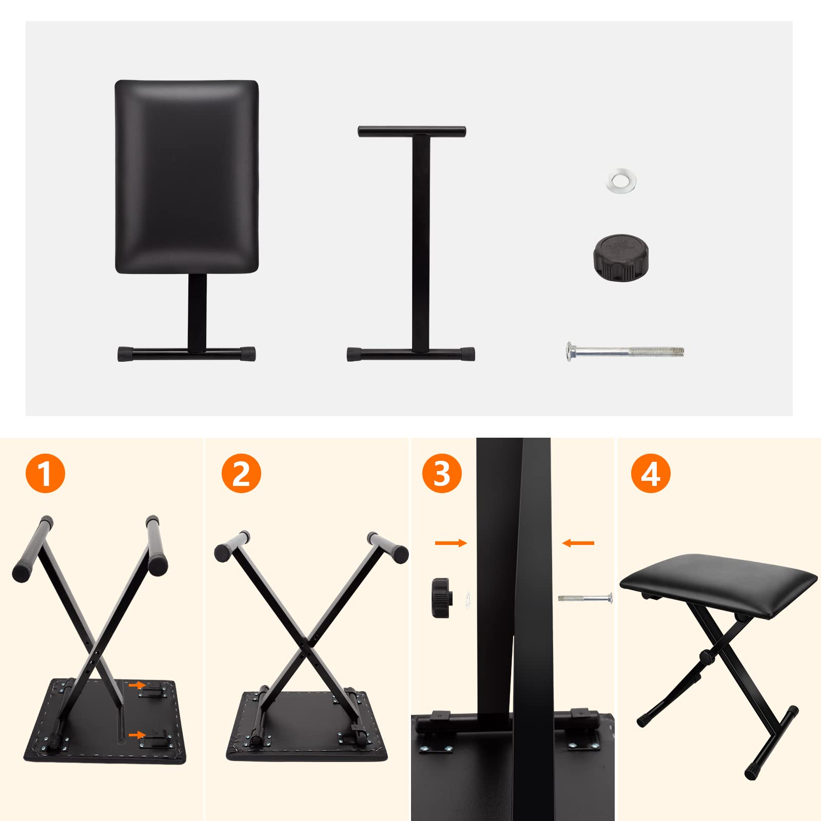 Letsrock Piano Bench, Keyboard Bench X Style Padded Adjustable Portable Stool Collapsible Chair Foldable Seat Waterproof & Non S