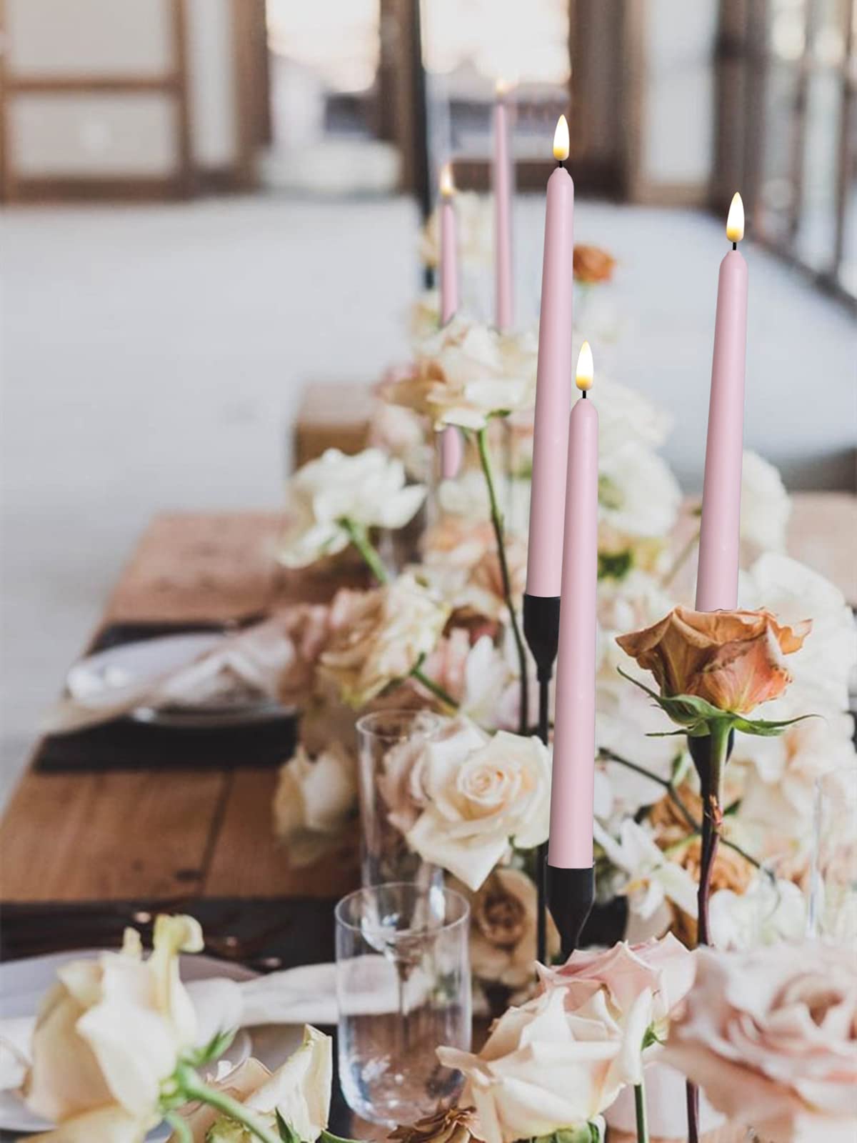 4 Pack Pink 11'' Wax Covered Flameless Candles, Use 2 Aa Batteries(Not Included)Runs 200 Hours, Remote And Timer, Led Battery Op