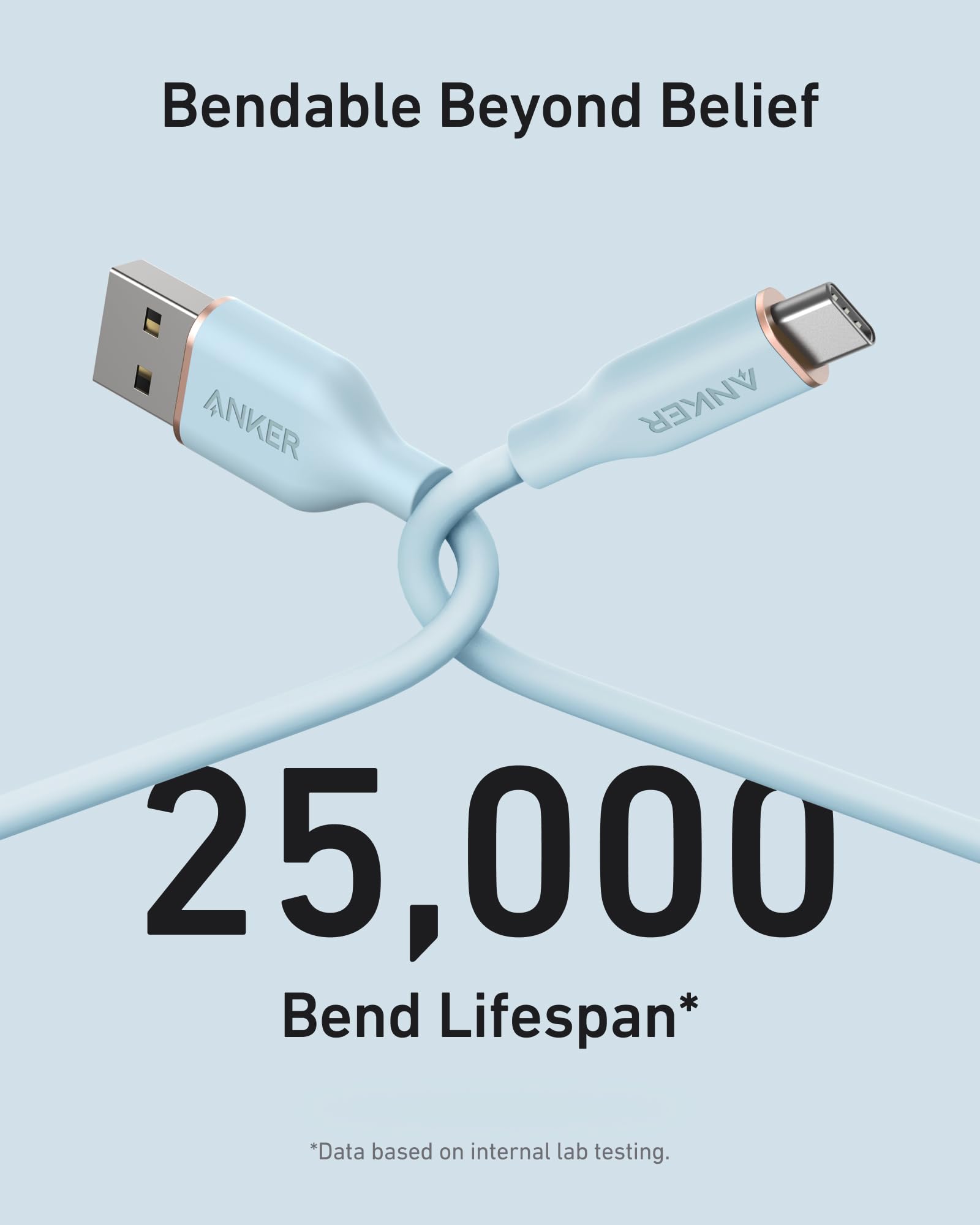 Anker USB-A to USB-C Flow Cable A85G1 Silicone 6FT Blue for iPhone 15/Samsung S23