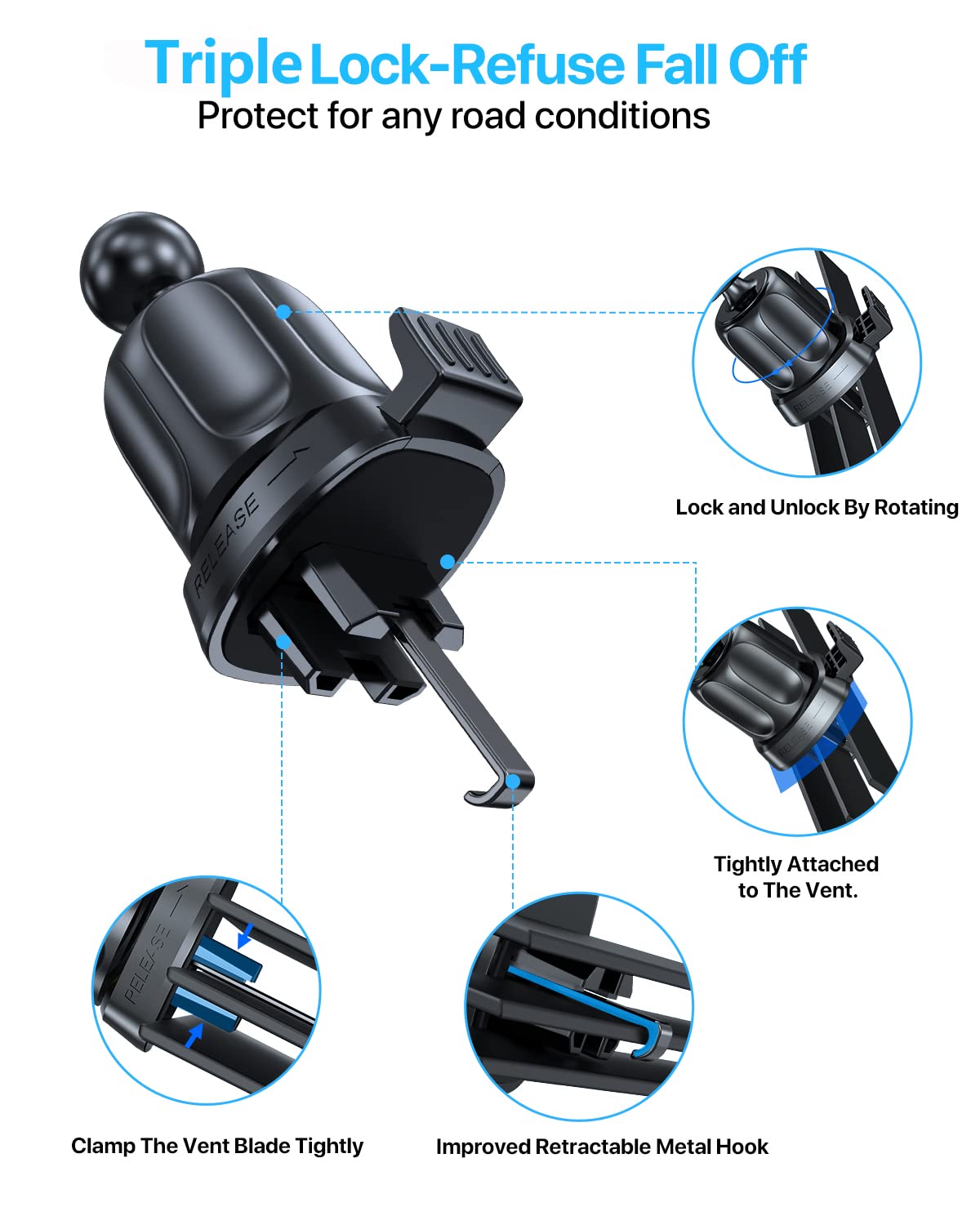 Miracase 2023 Upgrade Universal Car Phone Holder Mount For Air Vent, Sturdy And Thick Case Friendly Hands Free Mount For Iphone,