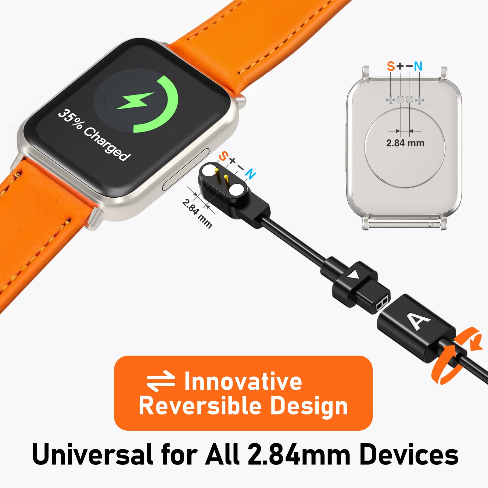 2-Pack Ab284 Reversible Smart Watch Charger - Innovative Magnetic Charging Cable, Solves Polarity Mismatch, Universal For All 2.