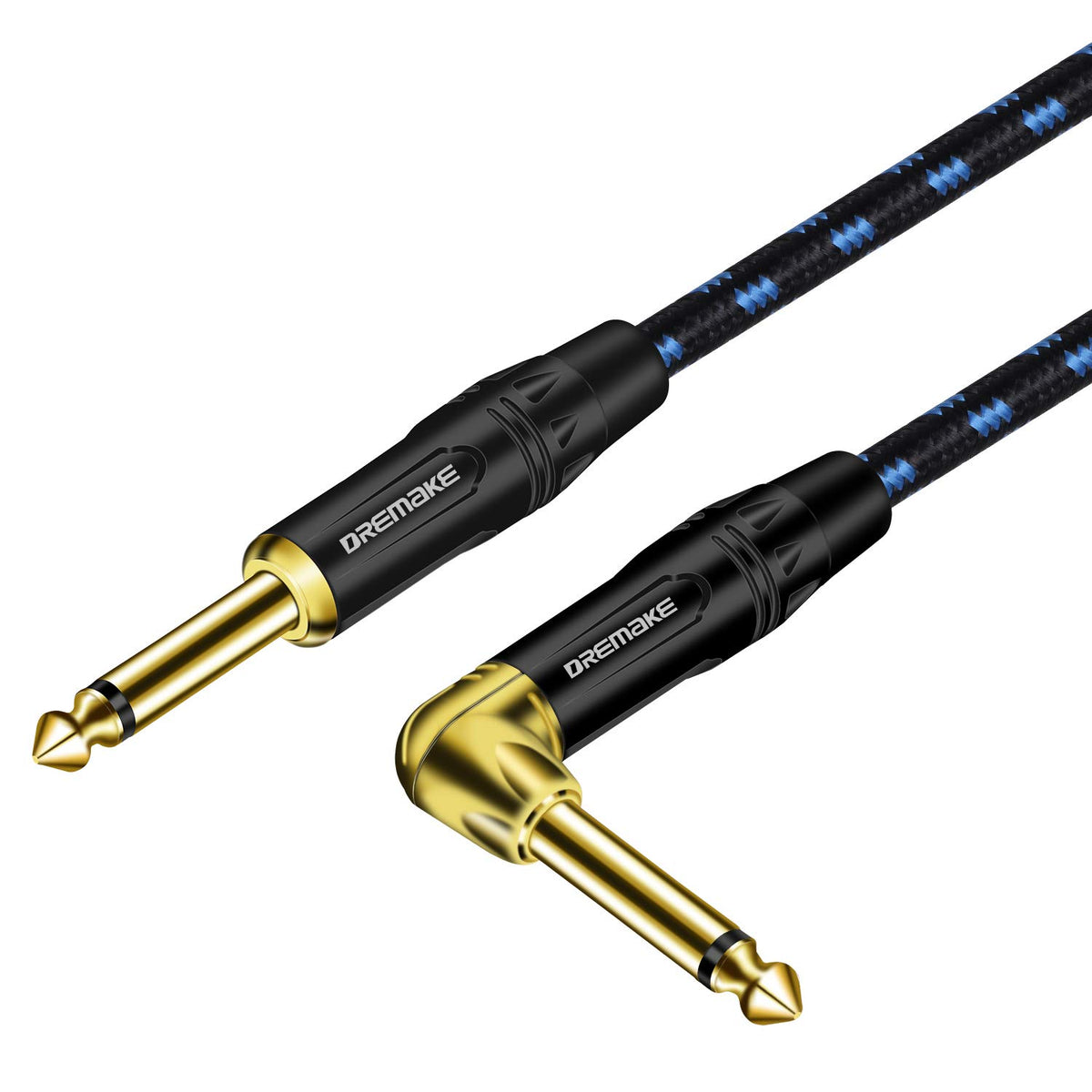 Dremake Cable 1/4'' (6.3Mm) Straight To Right Angle, Black/Blue Braided Tweed 1/4 Inch To 1/4 Inch Patch Cord, 15Ft Instrument G