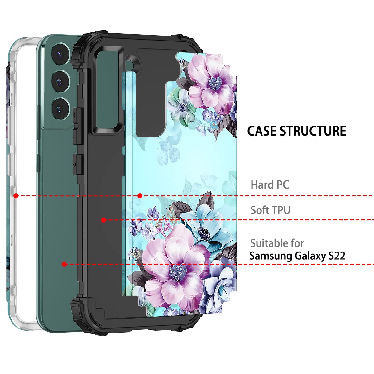 Casetego Compatible With Galaxy S22 5G Case,Floral Three Layer Heavy Duty Sturdy Shockproof Full Body Protective Cover Case For