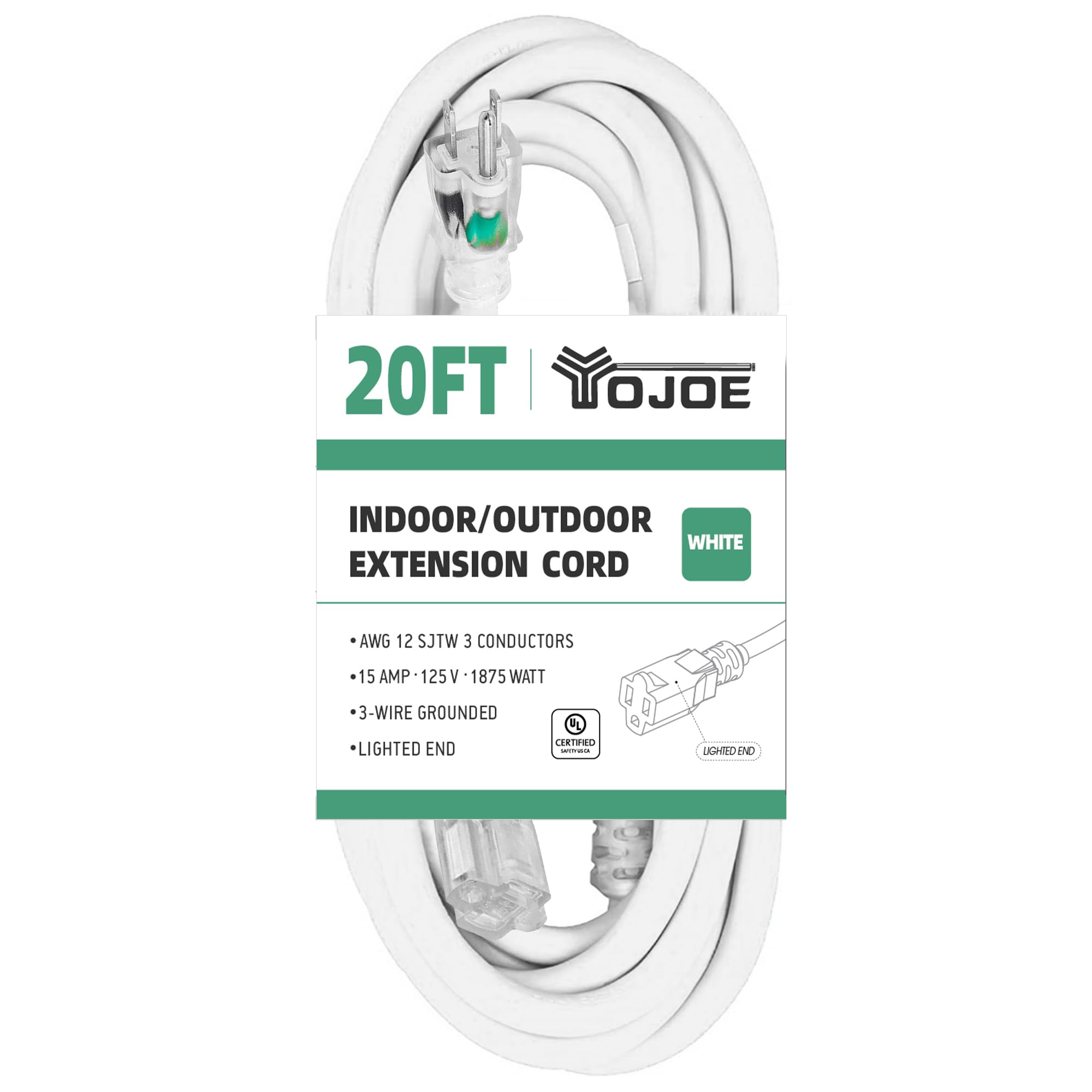 Yojoe Indoor Outdoor Extension Cord With Lighted End, 3 Prong 15A Weatherproof Power Extension Cord, 12 Gauge Heavy Duty 20 Ft W