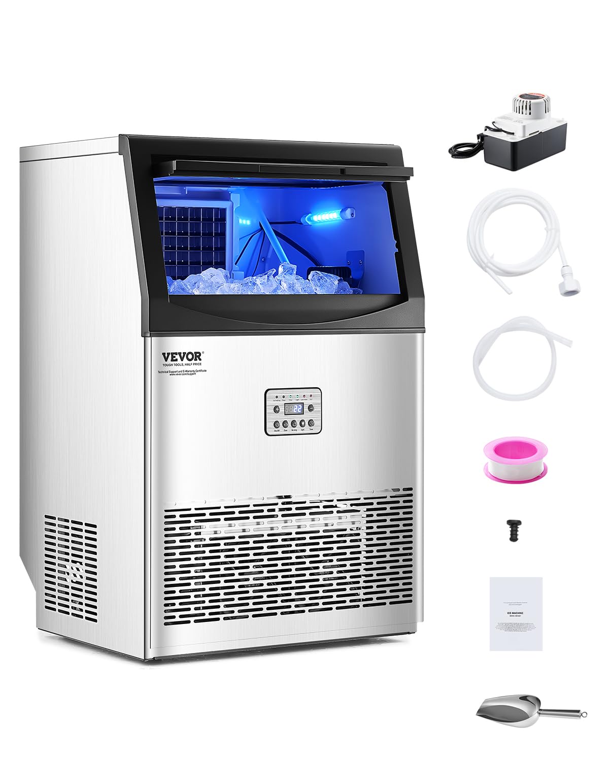 VEVOR 90lbs/24H Commercial Ice Maker Machine with Drain Pump, 33lbs Storage Capacity Ice Maker, 50 Ice Cubes in 15 Minutes, LED 