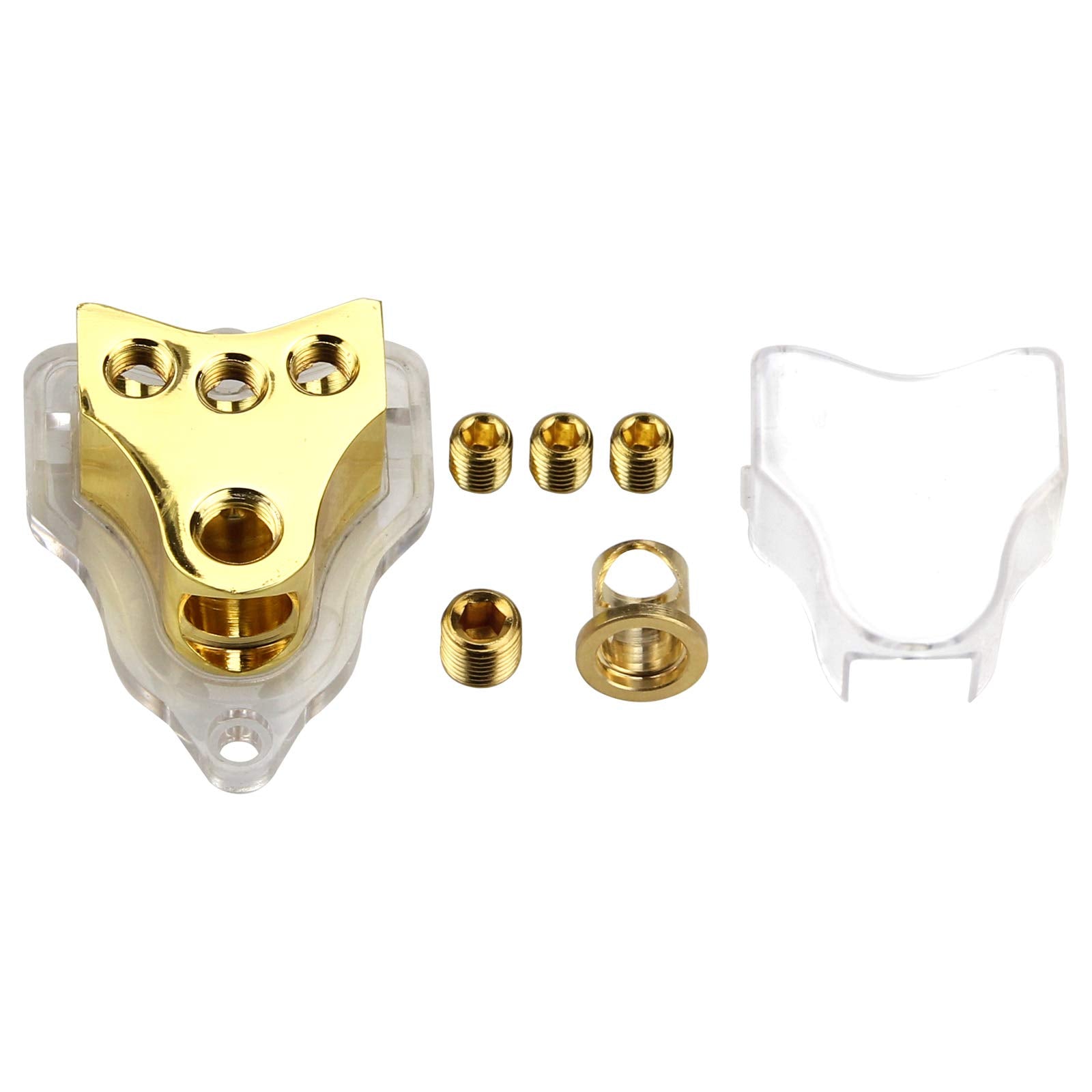 Rkurck 3 Way Copper Power Distribution Block, 0/2/4 Awg Gauge In, 4/8/10 Gauge Out, Car Audio Stereo Amp Distribution Connecting