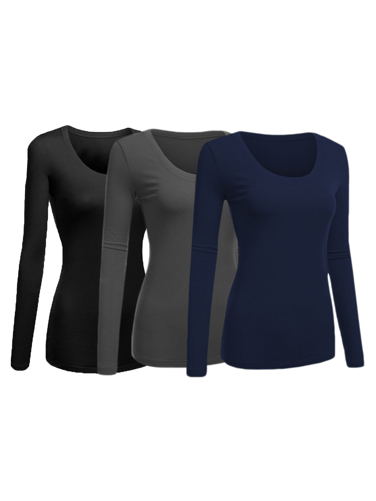 Emmalise Womens Junior And Plus Size Basic Scoop Neck Tshirt Long Sleeve Tee, Large, 3Pk Black, Charcoal, Navy