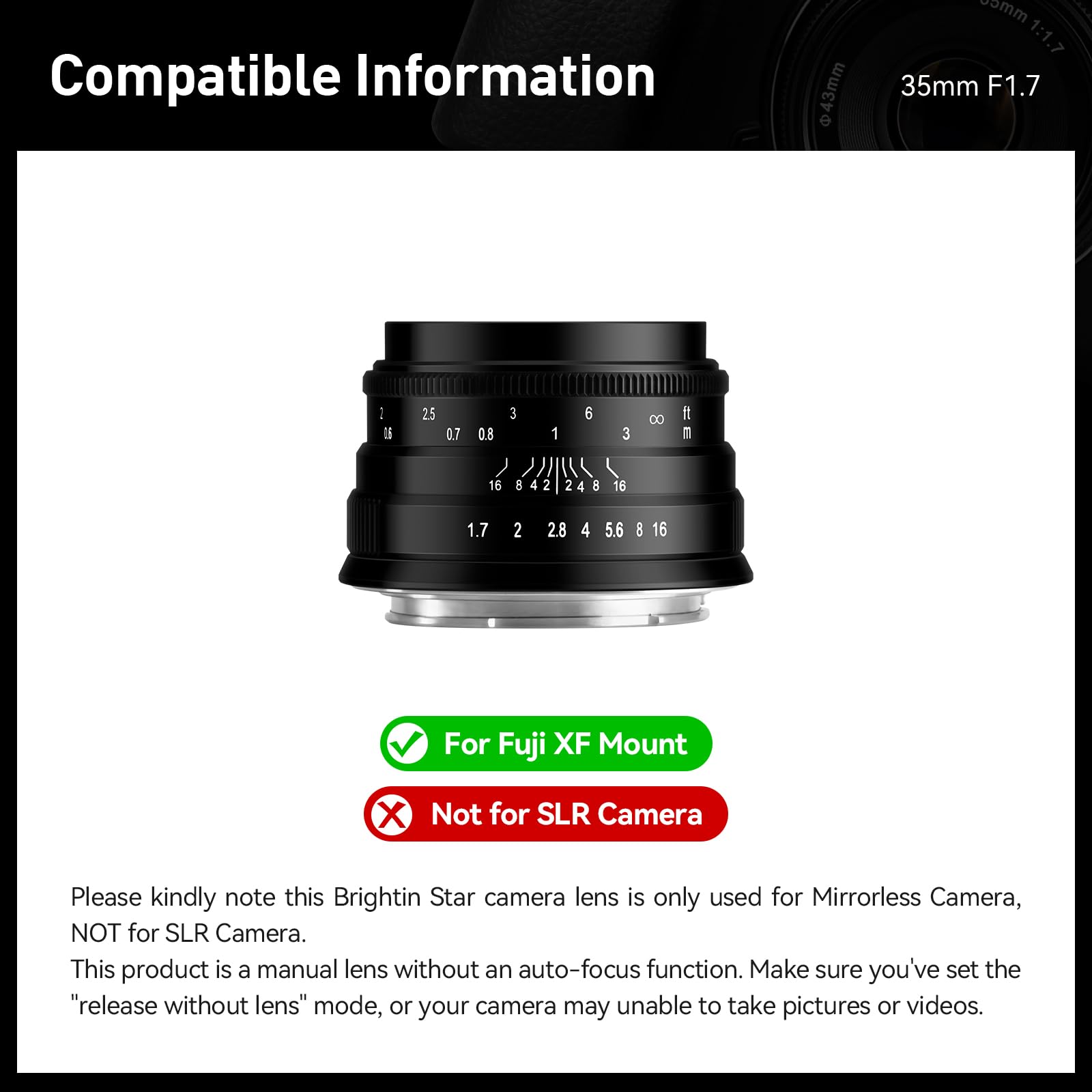 Brightin Star 35Mm F1.7 Wide Angle Manual Focus Prime Lens For Fujifilm Xf Mount Mirrorless Cameras  Aps C Large Aperture Fixed