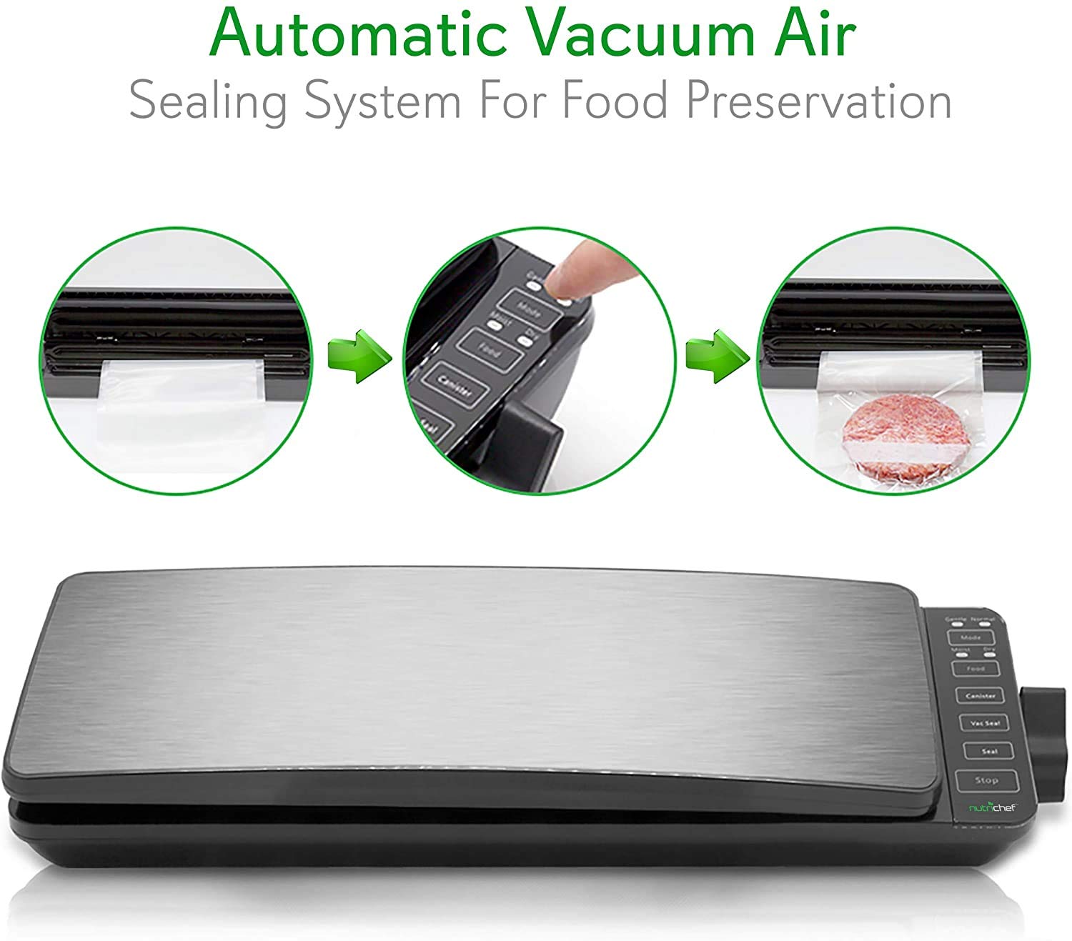 Automatic Food Vacuum Sealer System   110W Sealed Meat Packing Sealing Preservation Sous Vide Machine W/ 2 Seal Modes, Saver Vac Roll Bags, Vacuum Air Hose   Nutrichef Pkvs35Sts (Stainless Steel)