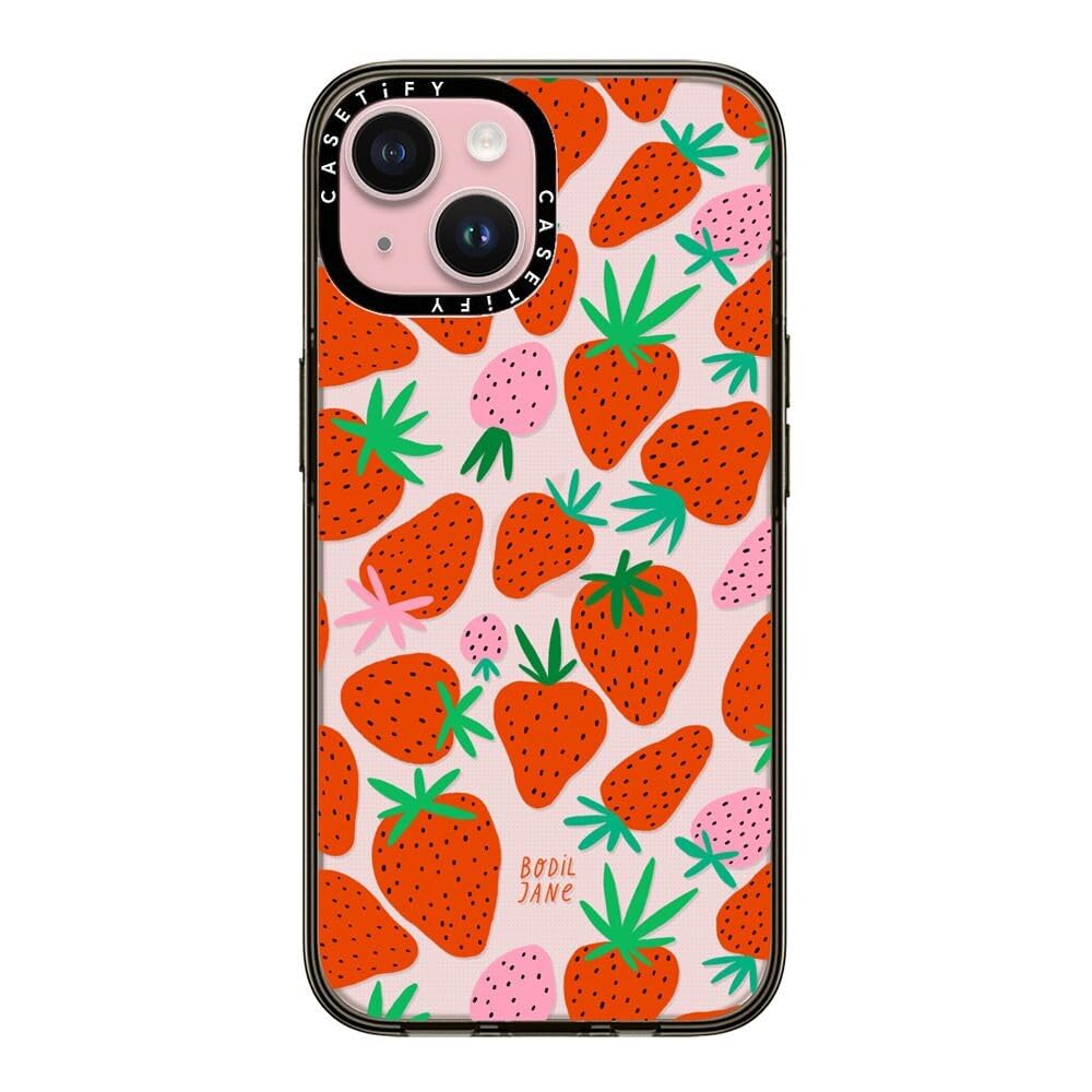 Casetify Compact Case For Iphone 15 [2X Military Grade Drop Tested / 4Ft Drop Protection]   Strawberries   Clear Black
