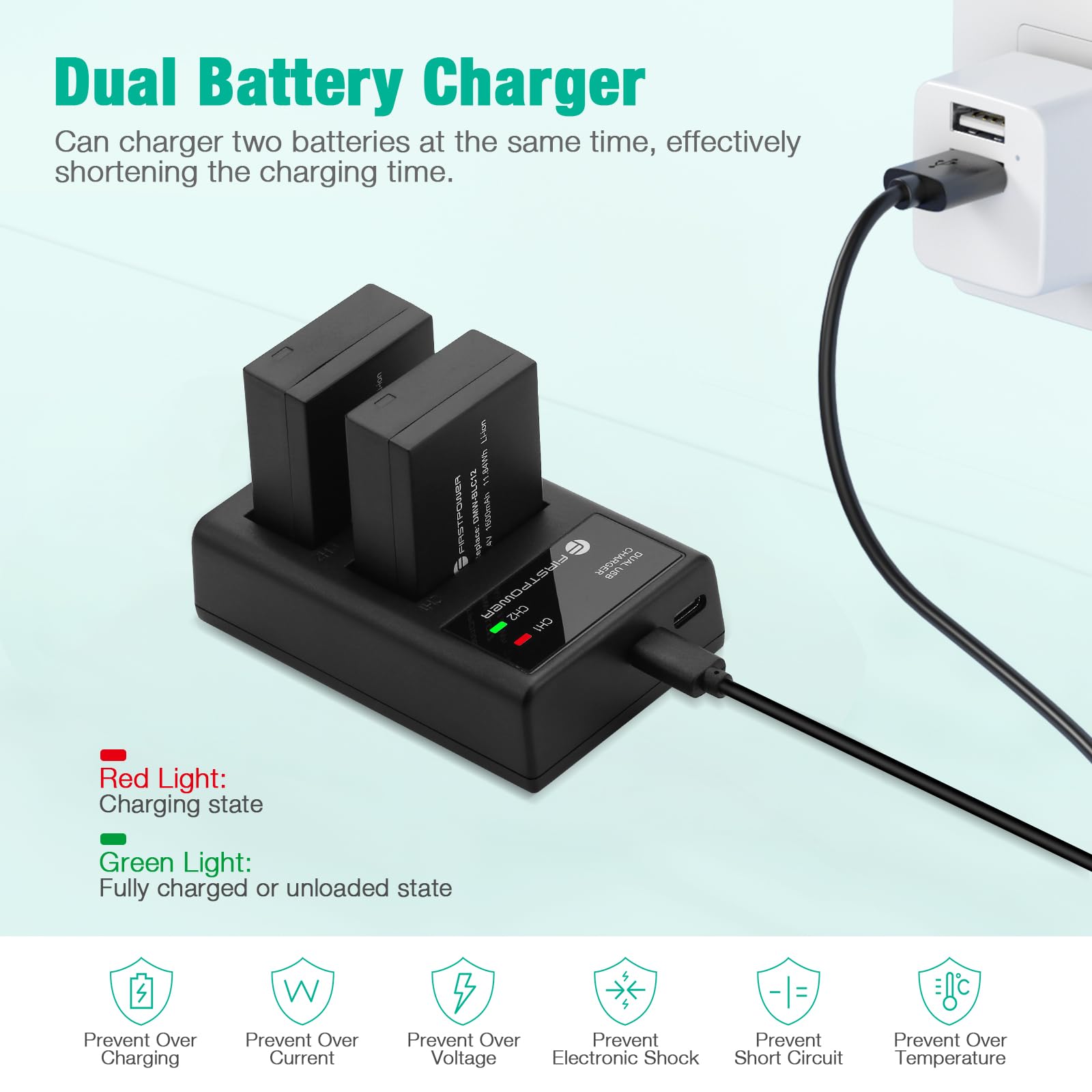 Firstpower Dmw Blc12 Battery And Dual Usb Charger For Panasonic Lumix Dmc G7, Dmc G85, Dmc G95, Dmc Fz1000, Dc Fz1000 Ii, Dmc Gh