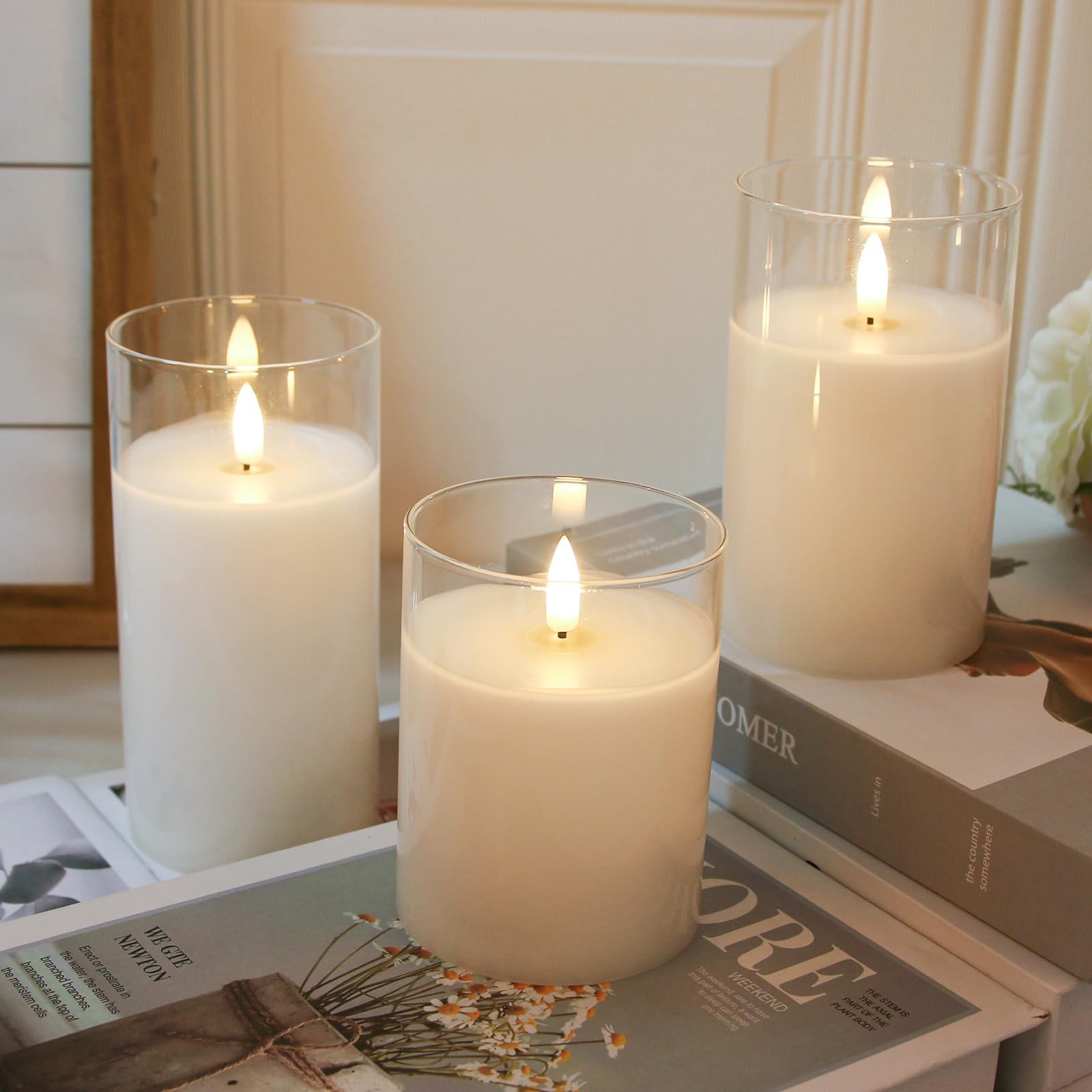 Pure White Glass Flameless Candles With Remote   Battery Operated Candles With Timer, Led Flickering Real Wax Candles For Festiv