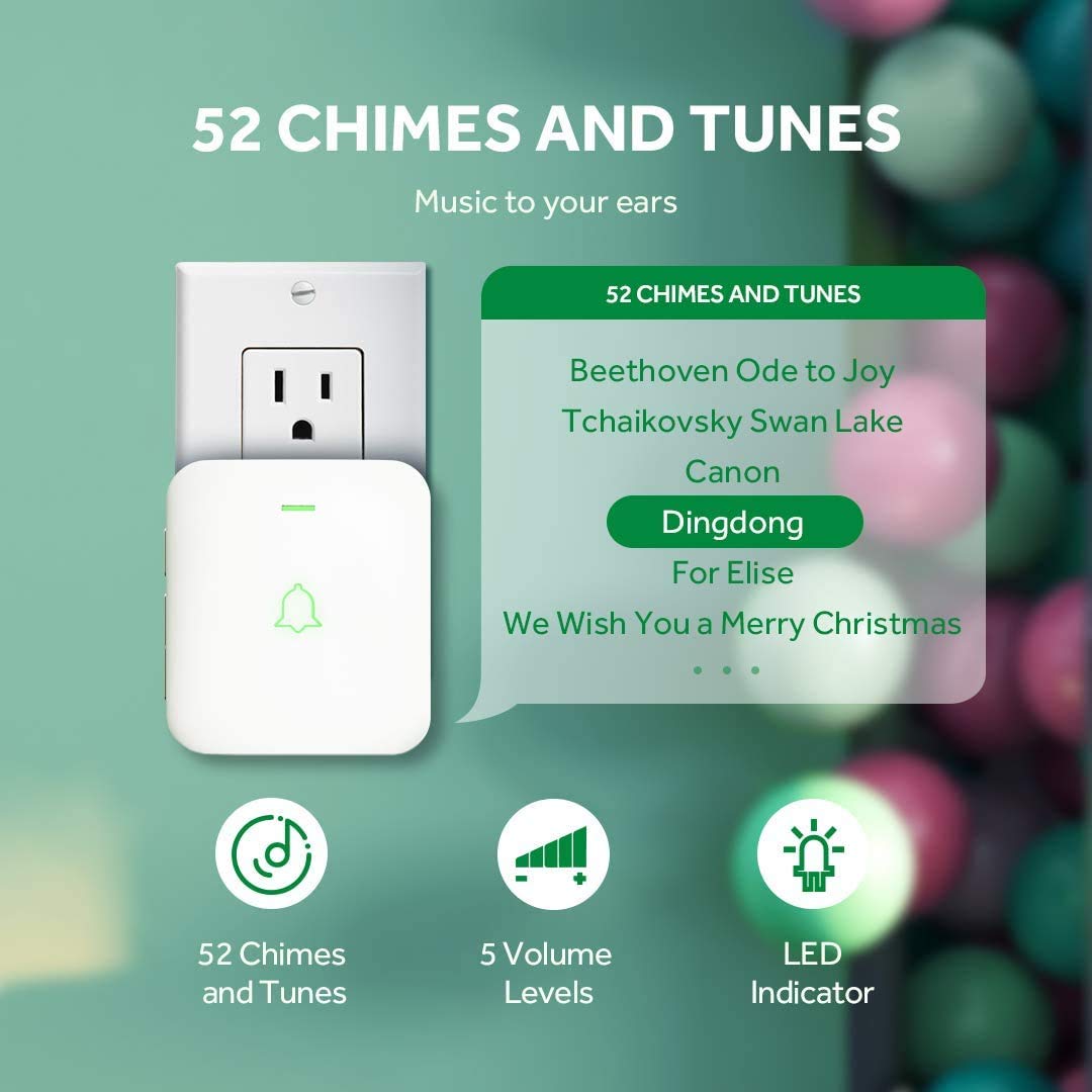 Avantek Wireless Doorbell, Mini Waterproof Door Bell Chime Operating At 1000 Feet, Cw 11 Doorbell With 52 Melodies, 5 Volume Lev