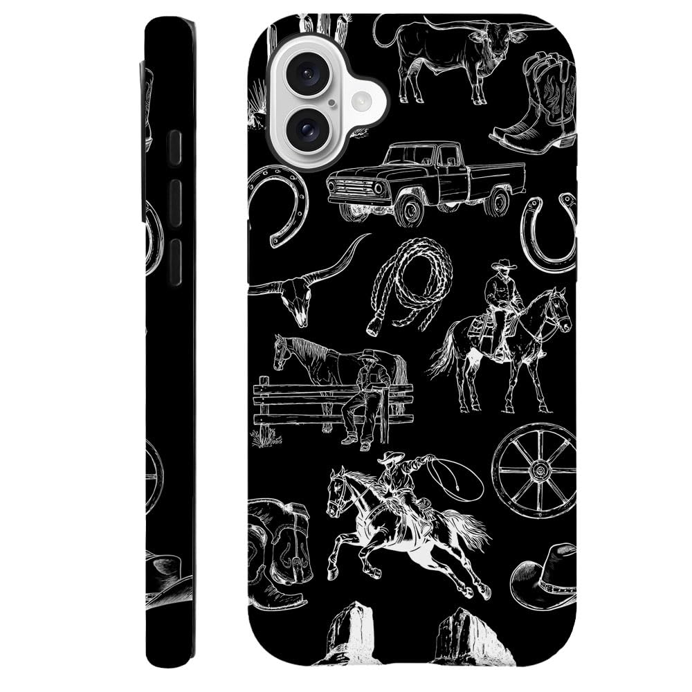 Daizag Case Compatible With Iphone 16,Fit Shockproof Cover For Women Girls,Cowboy Collage Horse Cow Cactus Black