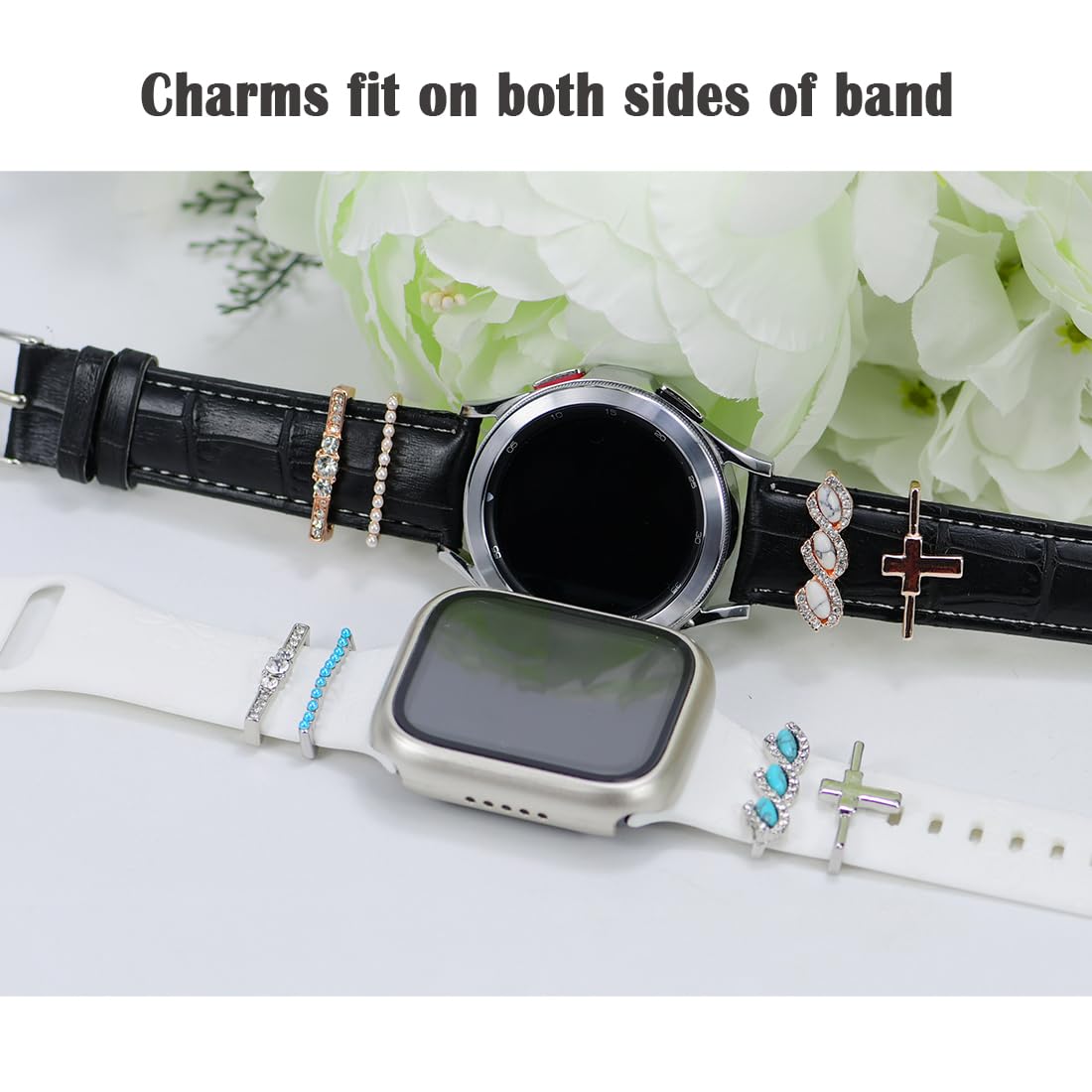 Sunoreek Cross Rose Gold Watch Band Charms For Apple - Turquoise Decorative Rings Loops For Apple Watch Silicone Leather Bands C