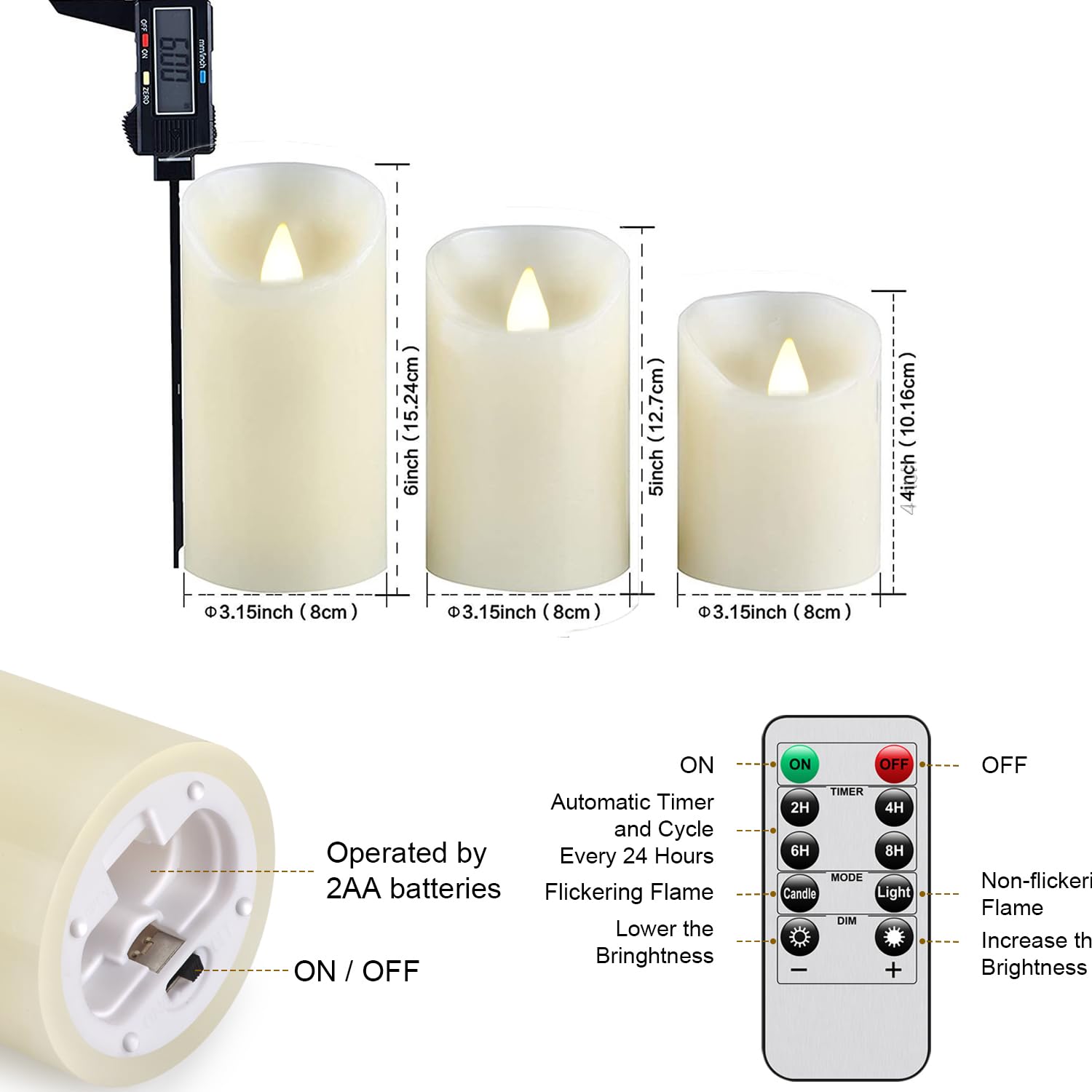 Biyanuo Flameless Battery Operated Led Candles With10Key Button Remote Control 24 Hour Timer Set Of 3 Electric Flickering Pillar