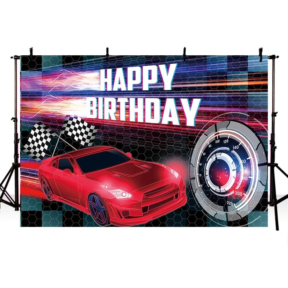 Mehofond 7X5Ft Car Racing Happy Birthday Backdrop, Red Racing Party Photo Background For Boys, Car Birthday Party Decorations Ca