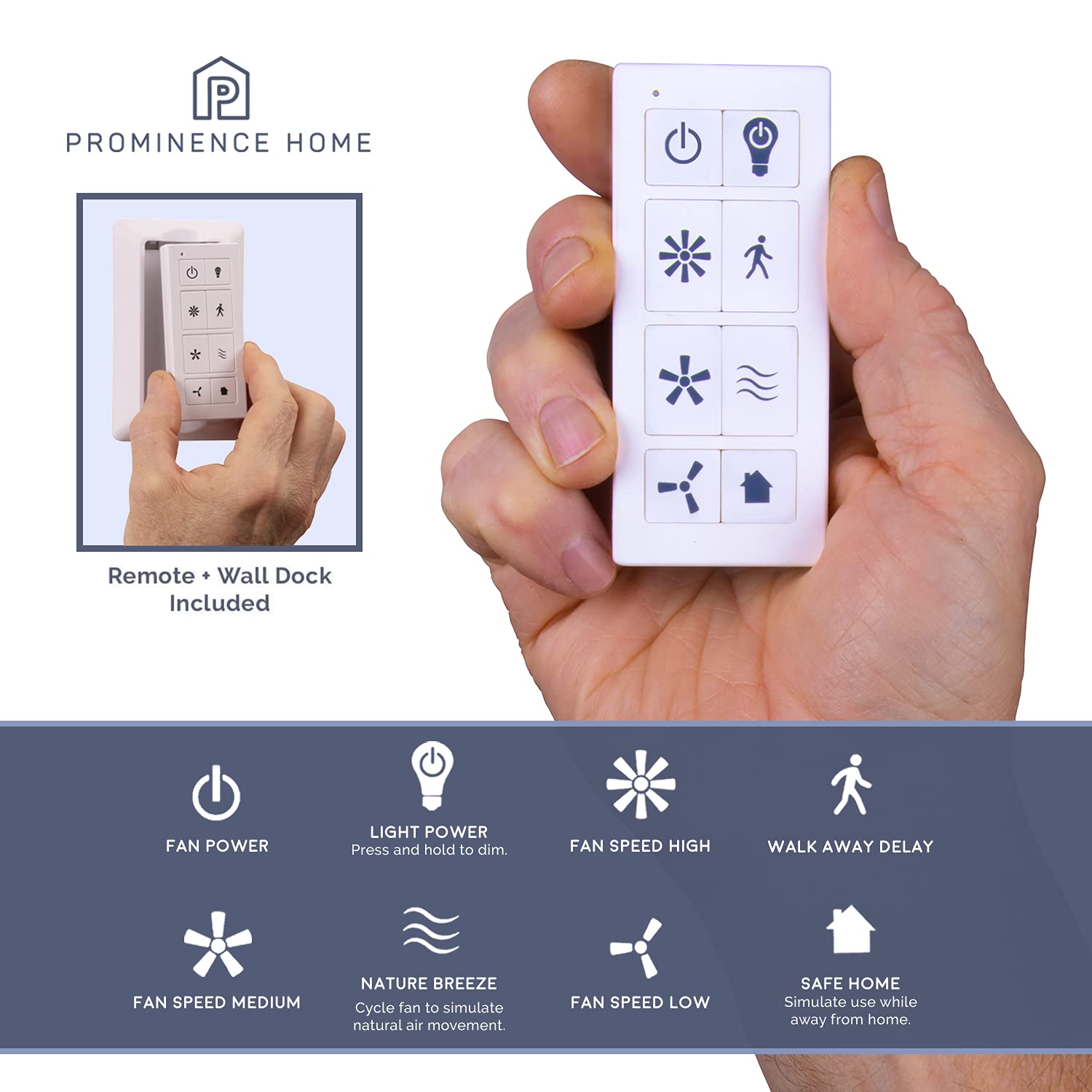 Prominence Home Smart Universal Ceiling Fan Remote Control Kit With Receiver, Wall Dock And Batteries, For Downrod Ceiling Fans