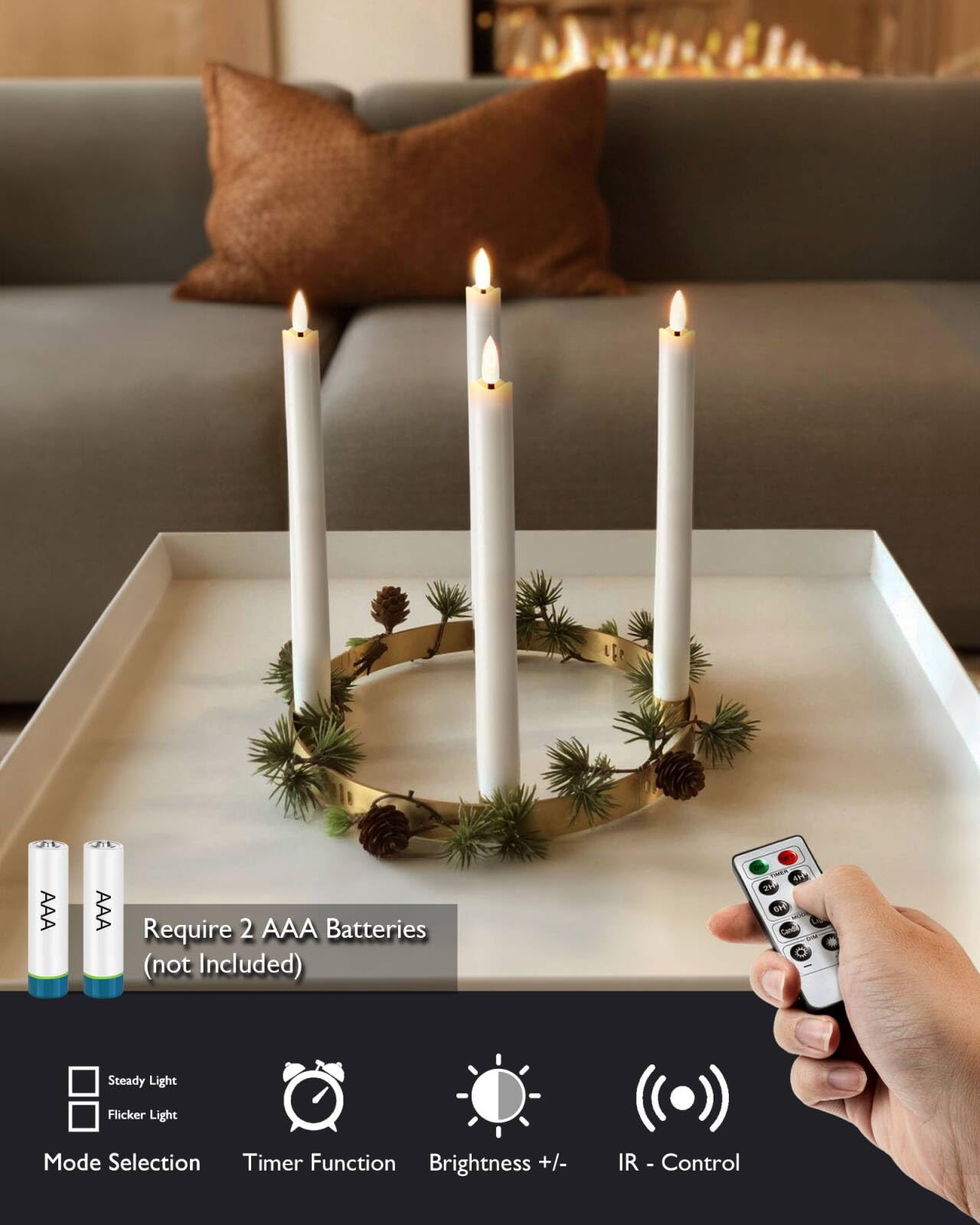 Homemory Real Waxy Flameless Taper Candles With Remote Timer, Led Candlesticks Flickering, Battery Operated Candles, 9.6 Inches