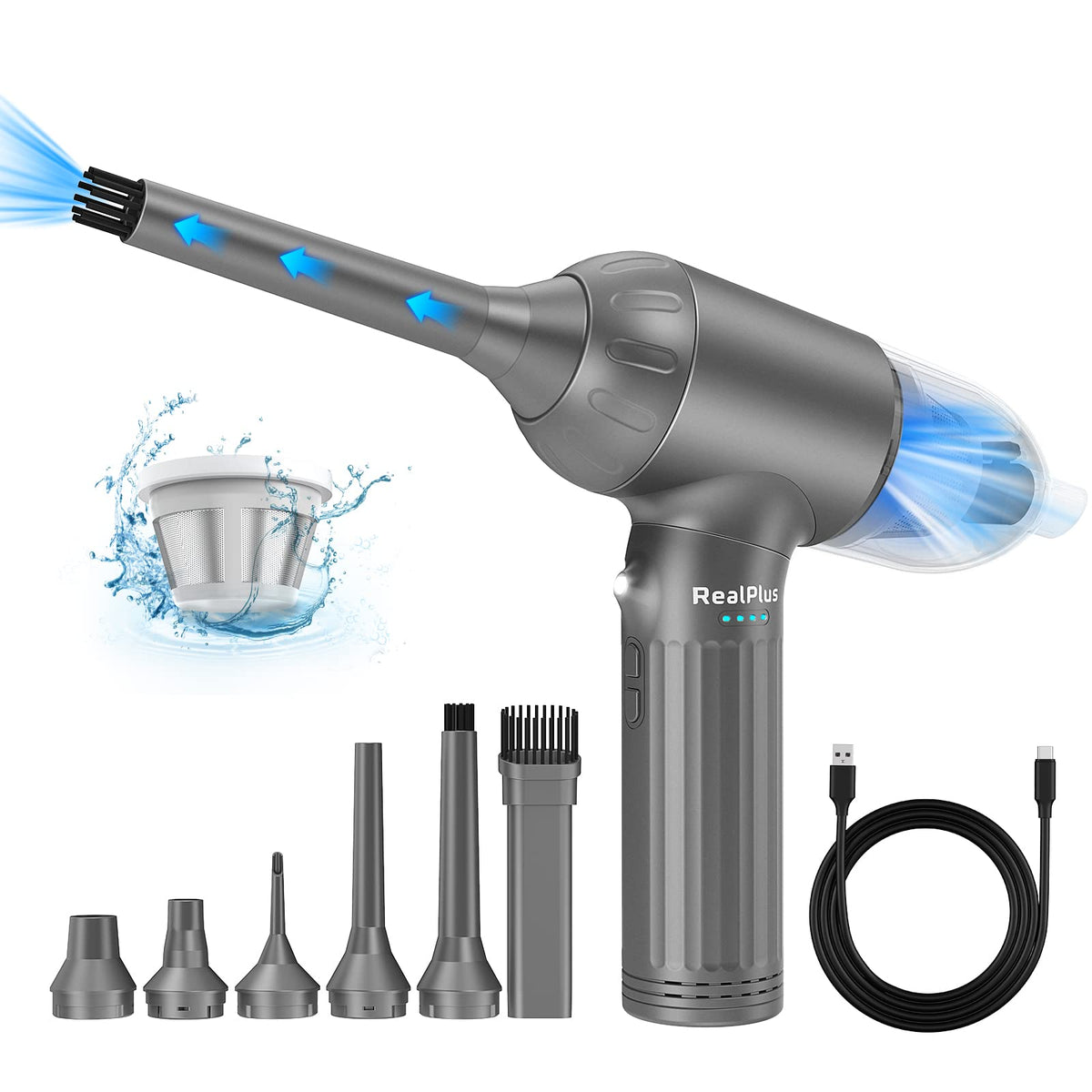 Realplus 4 In 1 Compressed Air Duster & Vacuum Cleaner & Pump, 12000Pa 7500Mah 3 Speeds Rechargeable Brushless Electric Duster, 