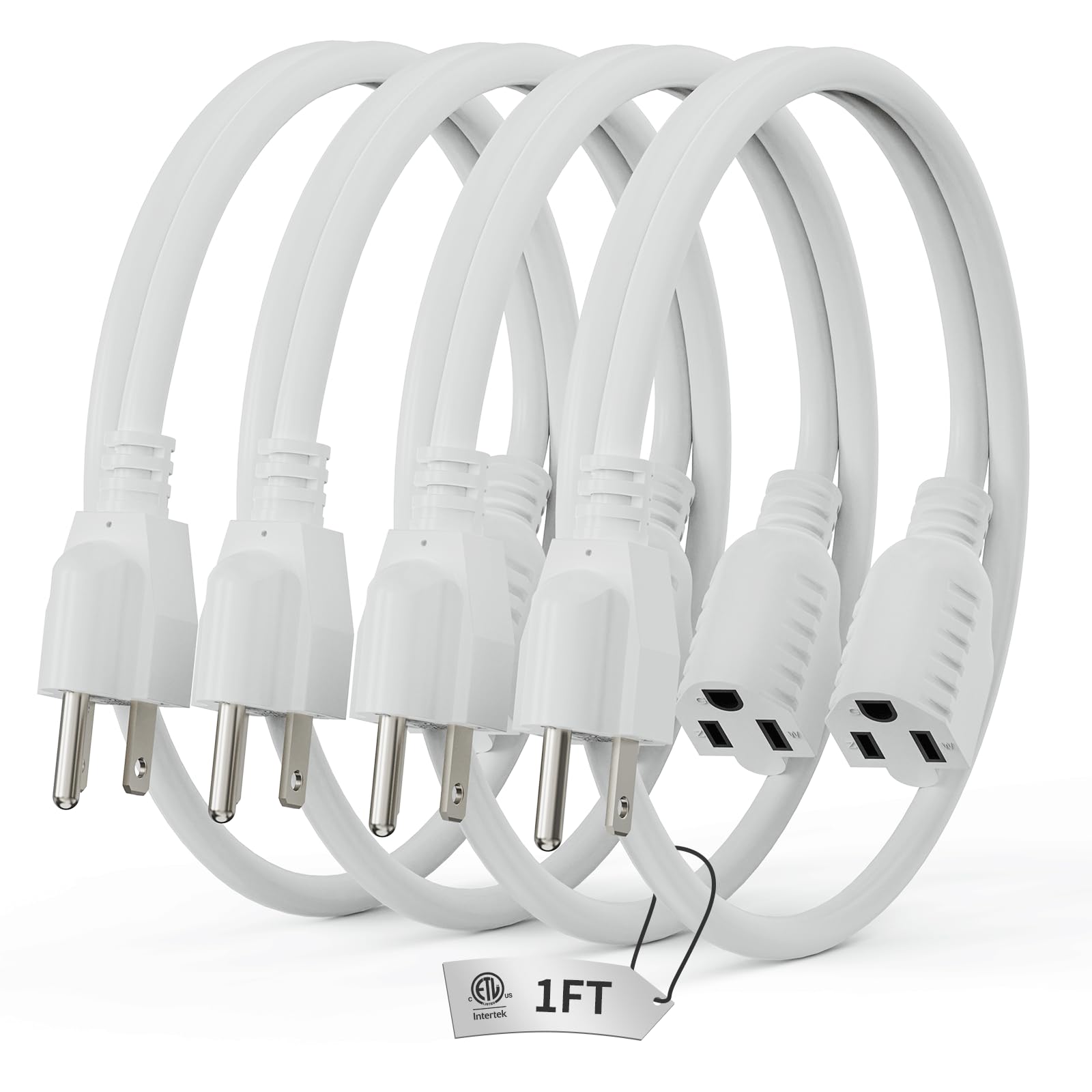 Plugtul 1 Ft Extension Cord White, 4 Pack Short Power Cord, Indoor/Outdoor 16 Gauge 3 Prong Grounded Wire Etl Listed, 13A 1625W