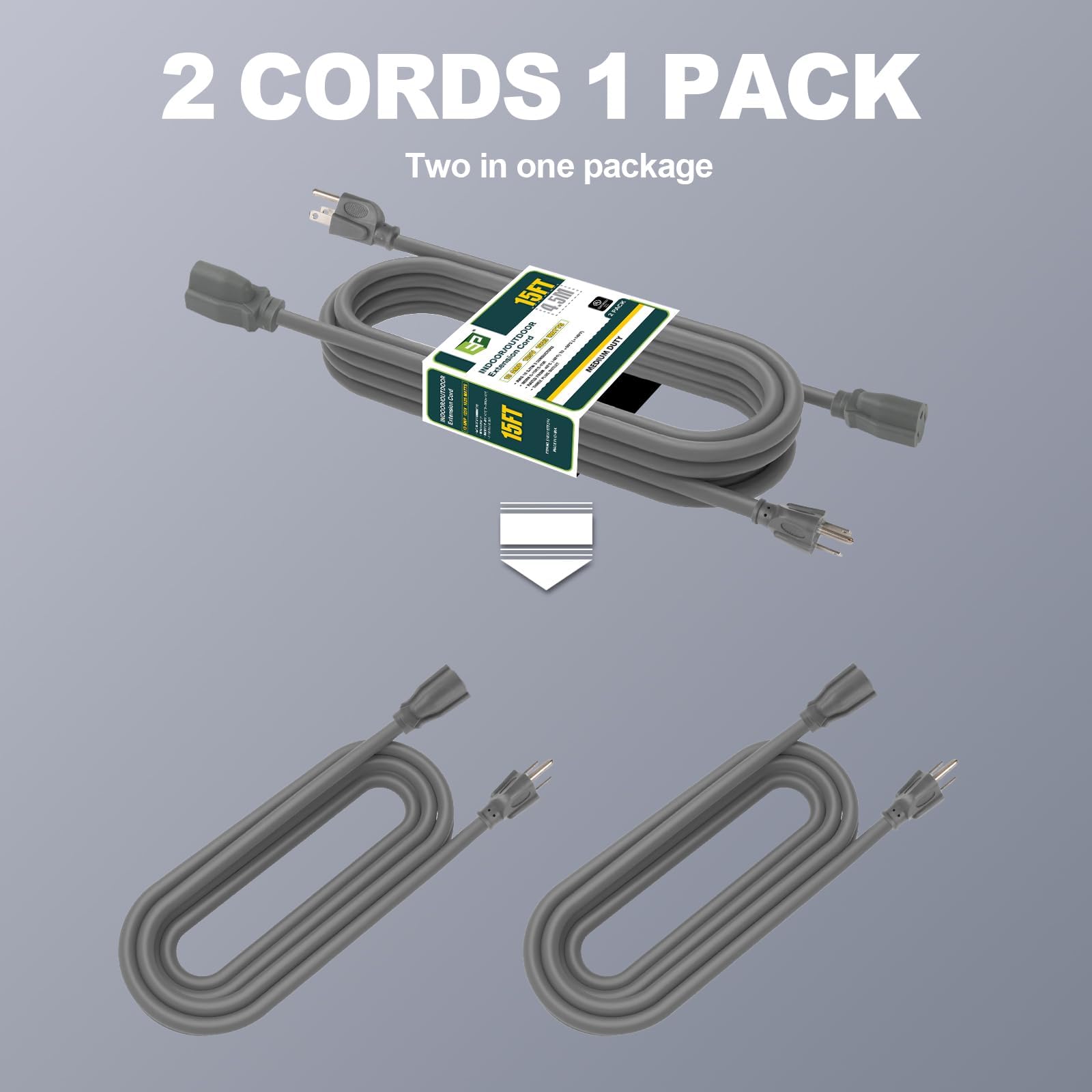 Ep 2 Pack 15 Ft Outdoor Extension Cord, 16/3 Sjtw Heavy Duty Power Cord, 3 Prong Grounded Plug, Waterproof, Cold Resistant, 13A