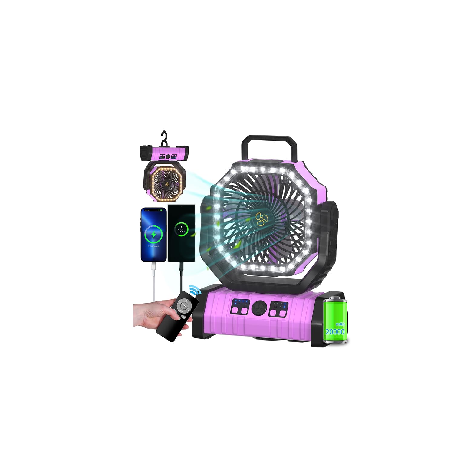 ADUST Camping Battery Operated Powered Fan with LED Lantern Light Portable 20000mAh Rechargeable Oscillating Fan with 360 Rotati