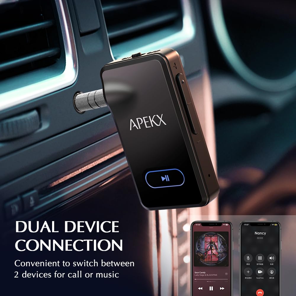 Apekx Bluetooth Adapter For Car, Wireless 3.5Mm Aux Hi-Fi Audio Receiver With 15H Battery Life, For Home Stereo, Wired Headphone