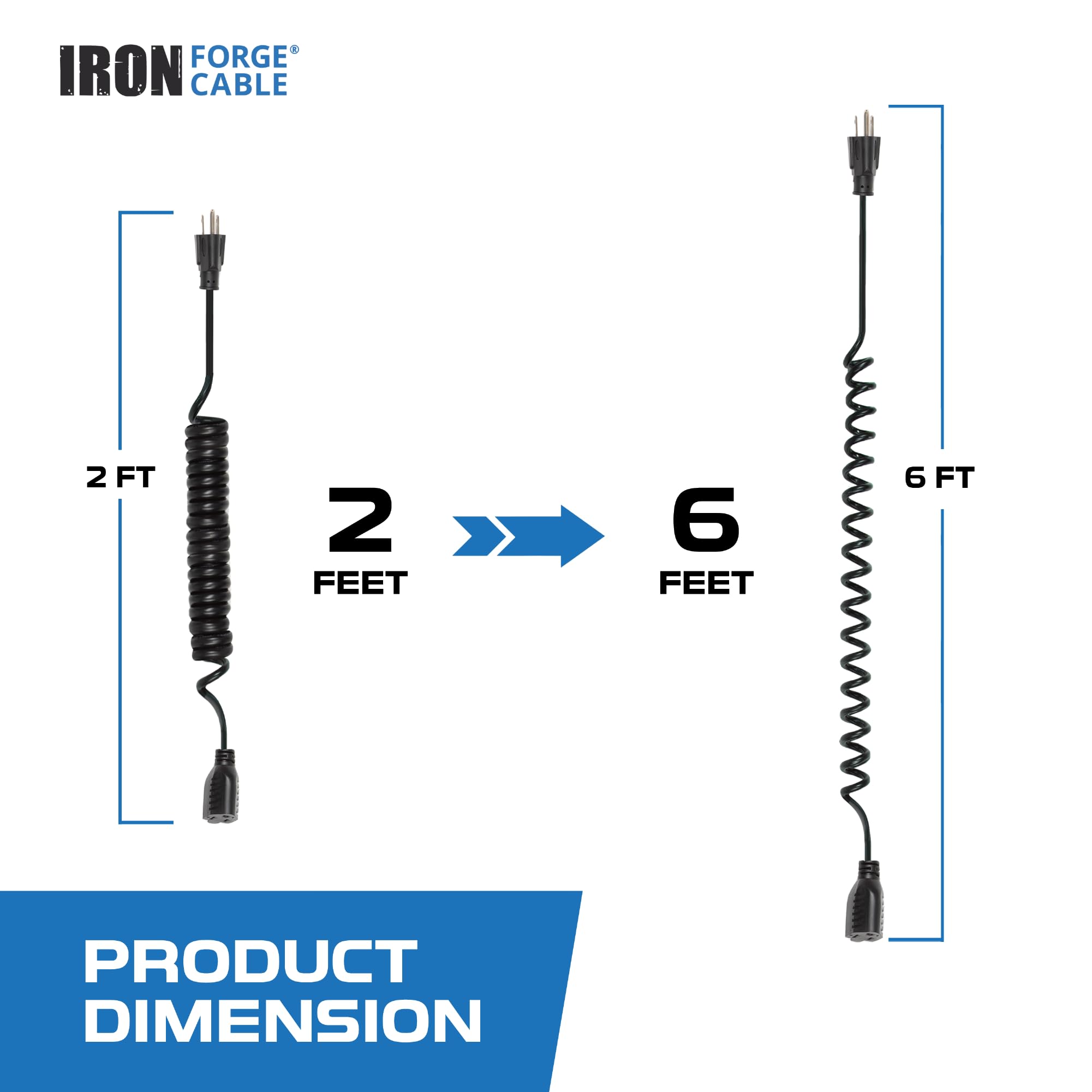 Iron Forge Cable Sjeow Black Outdoor Coiled Extension Cord 6 Ft,13 Amp Oil Resistant & Flame Retardant 3 Prong Coiled Electrical