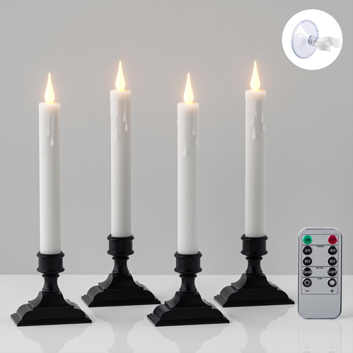 Dromance Battery Operated Flameless Window Candles With Remote Timer, 4 Pack Suction Cups And Candle Holders Included Dripping W