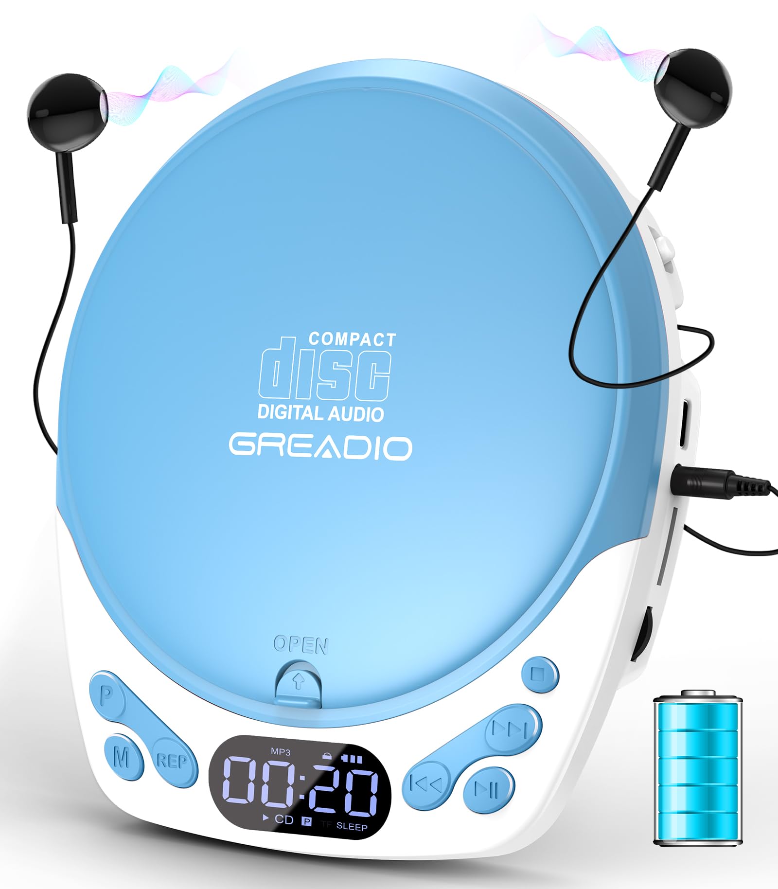 Greadio Portable CD Player with Headphones, Rechargeable CD Player for Home