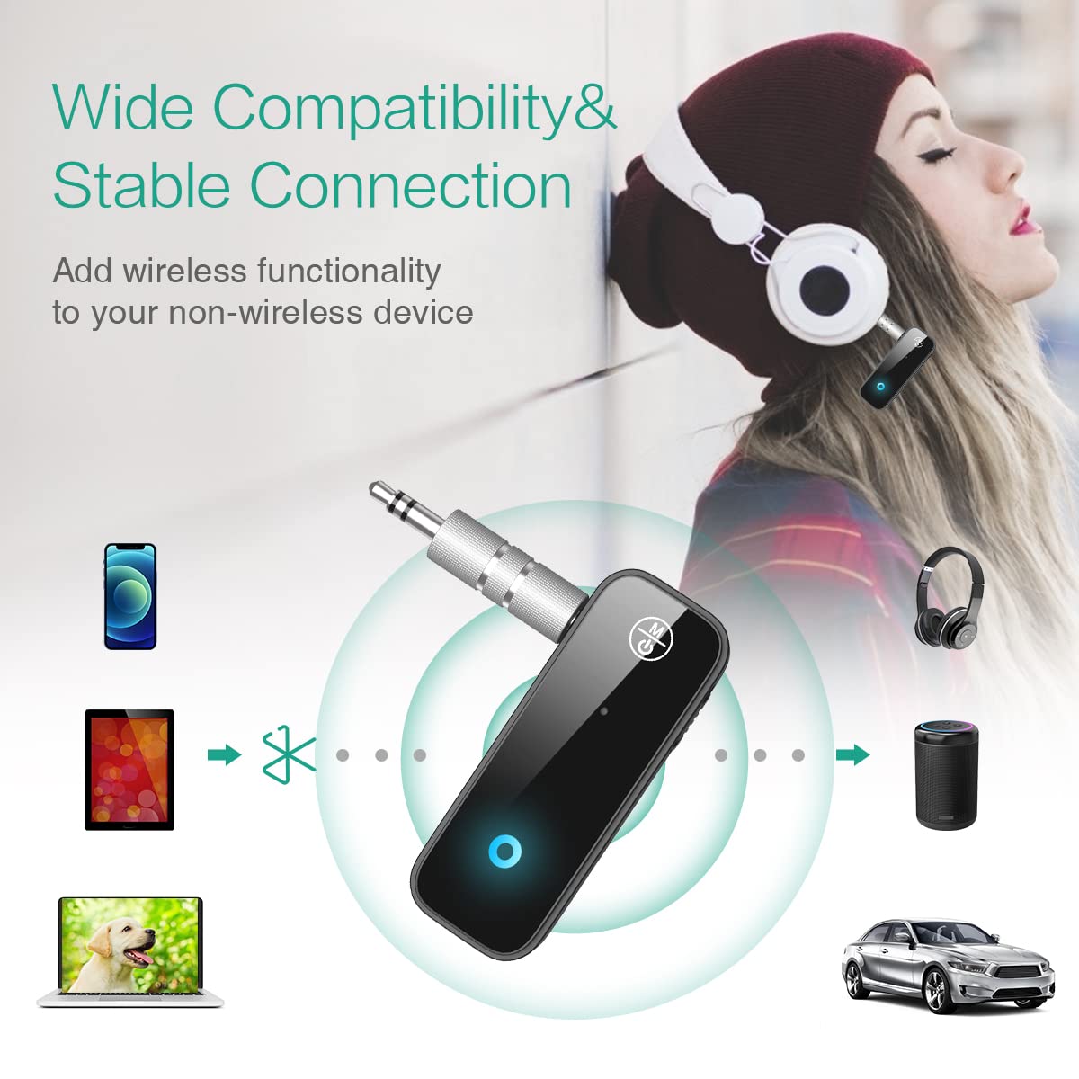 Oria Bluetooth Receiver For Car, Bluetooth Aux Adapter, 2 In 1 Wireless Bluetooth Transmitter Receiver With Dual Device Modes Co