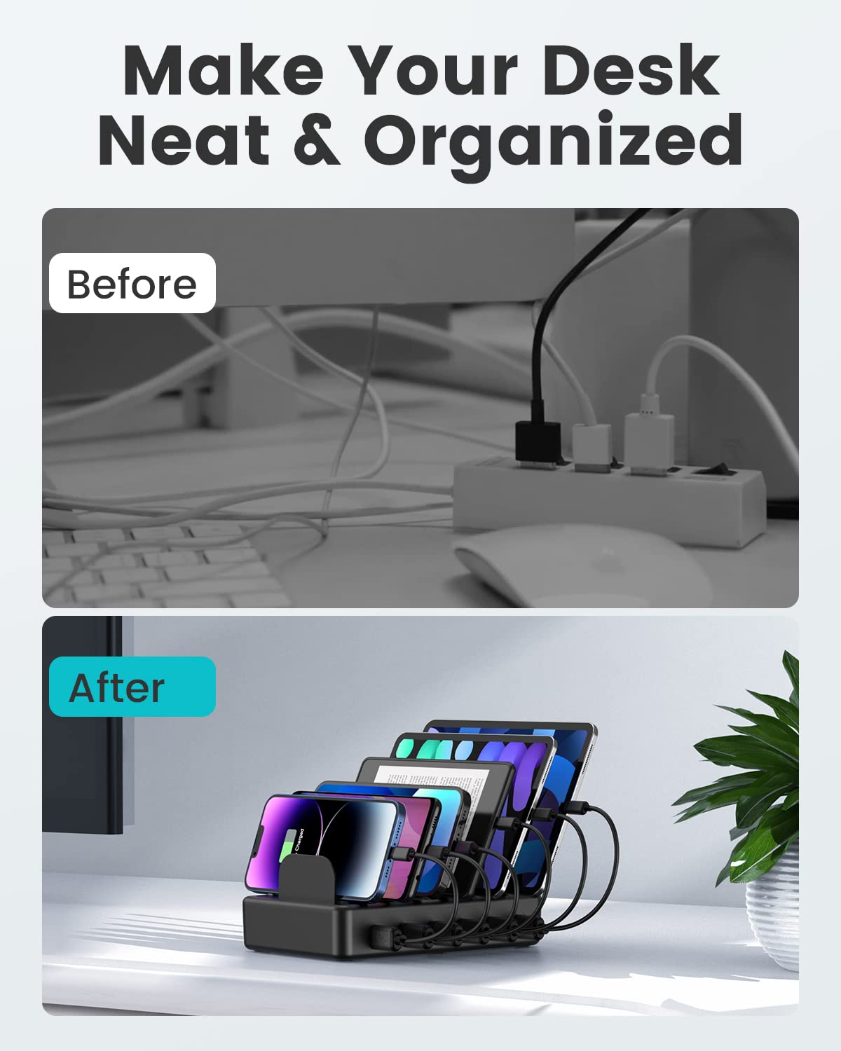 Creative Design Charging Station, 50W 6 Ports Multi Charger Station With 6 Charging Cables, Charging Dock For Multiple Devices,