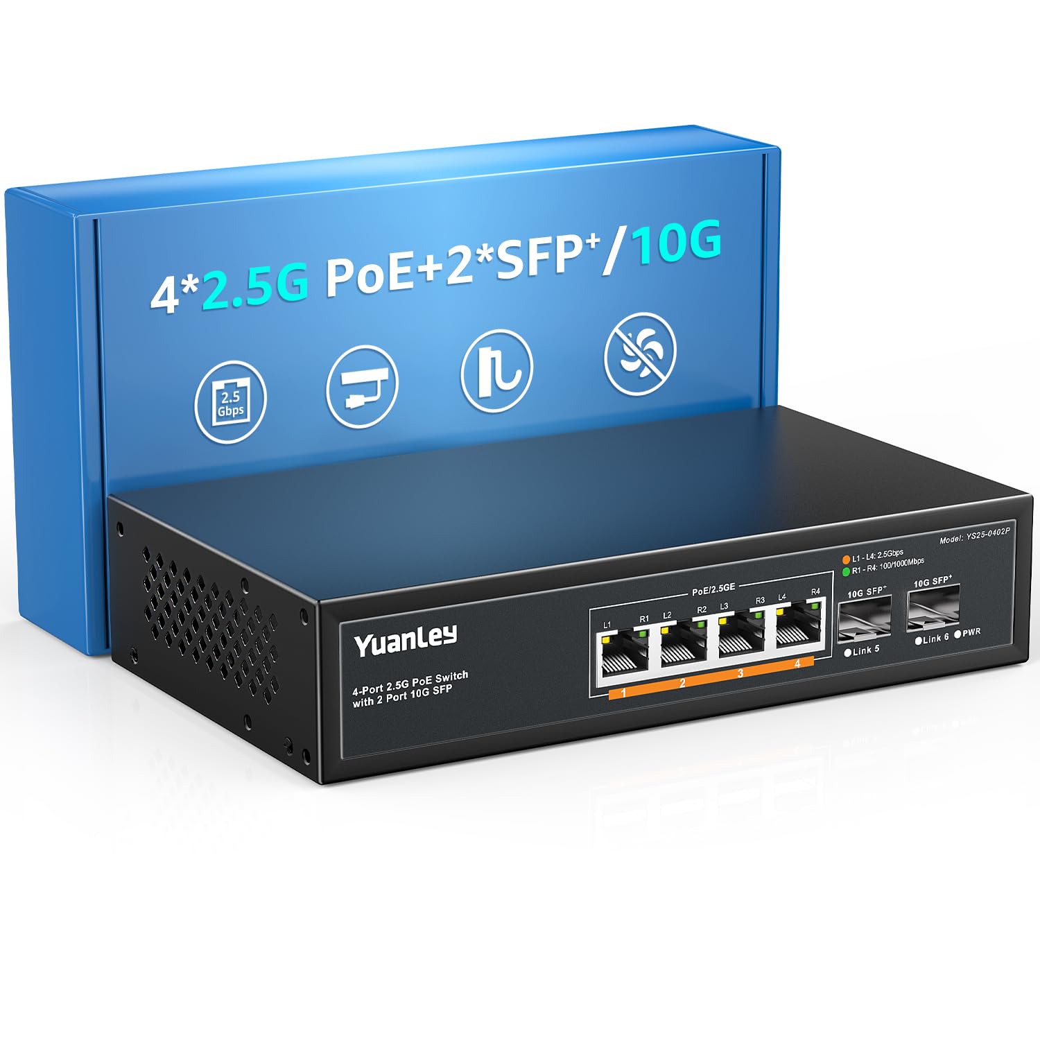 Yuanley 6 Port 2.5G Poe Switch Unmanaged, 4 X 2.5G Base T Poe Ports, 2 X 10G Sfp, Ieee802.3Af/At, 78W, Compatible With 100/1000/
