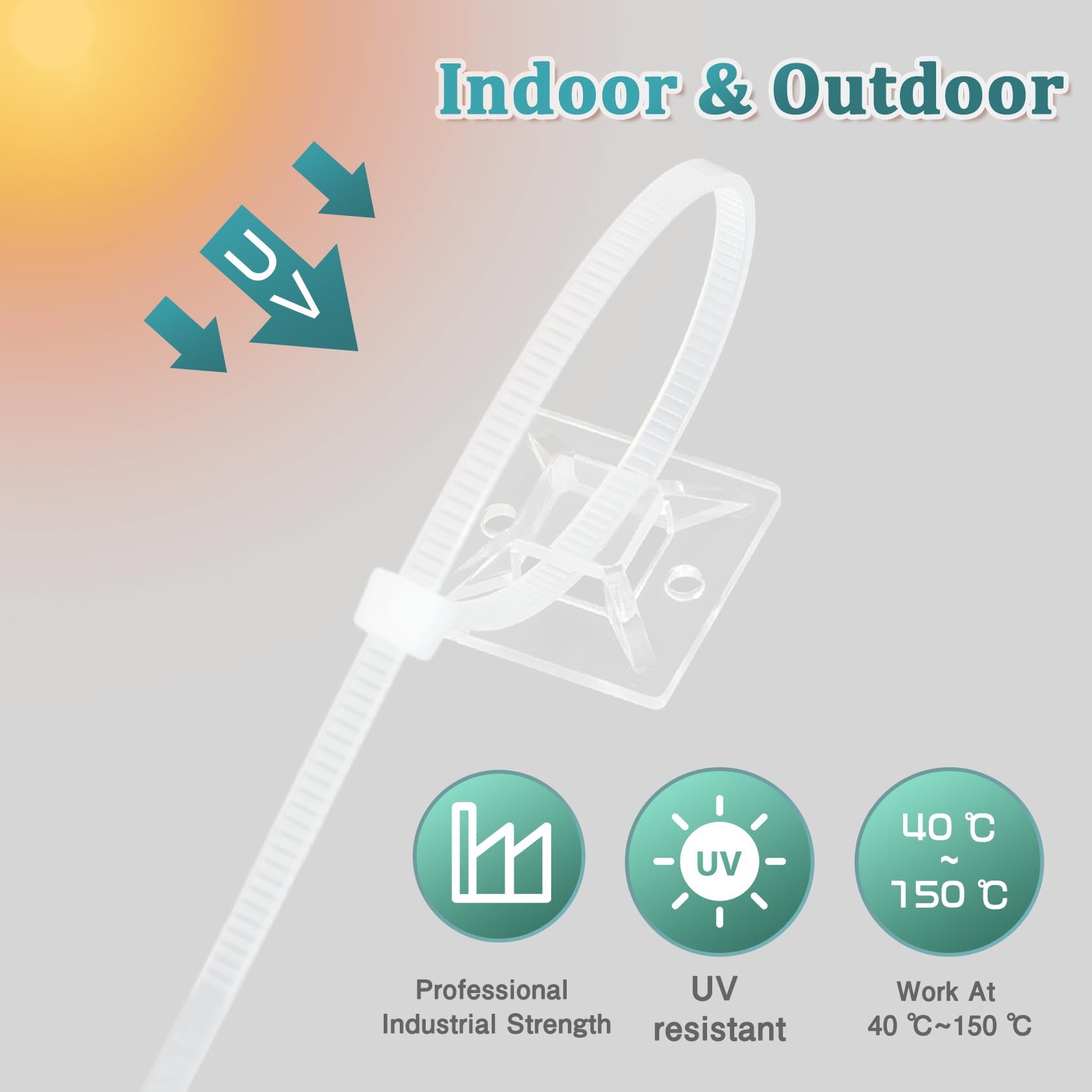 Kanemc 240Pcs Clear Cable Ties Mounts, 5.9'' Heavy Duty Zip Ties 120Pcs + 3/4'' Adhesive Cable Holders 120Pcs, Self Locking Nylo