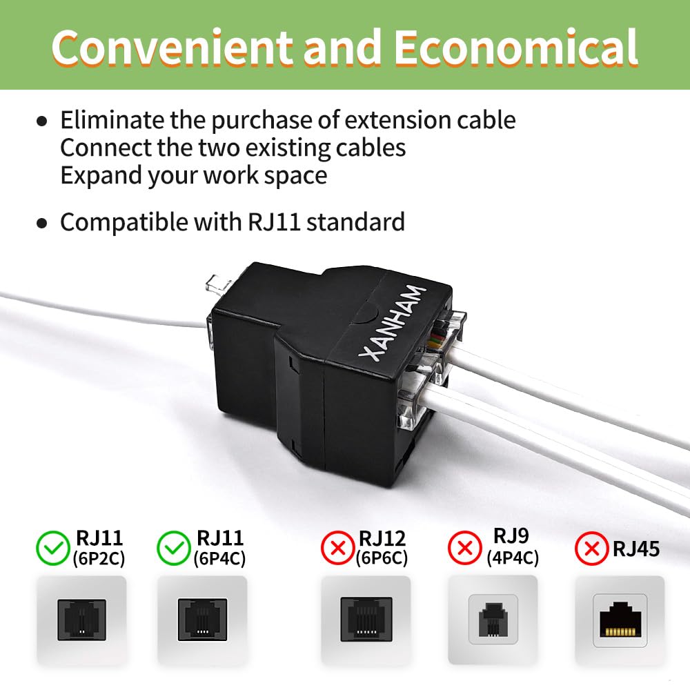 Xanham Telephone Cable 2 Way Splitter(3 Pack) Rj11 6P4C Phone Line Cord Adapter With 3 Inch Cable For Landline Phone Wire, Black