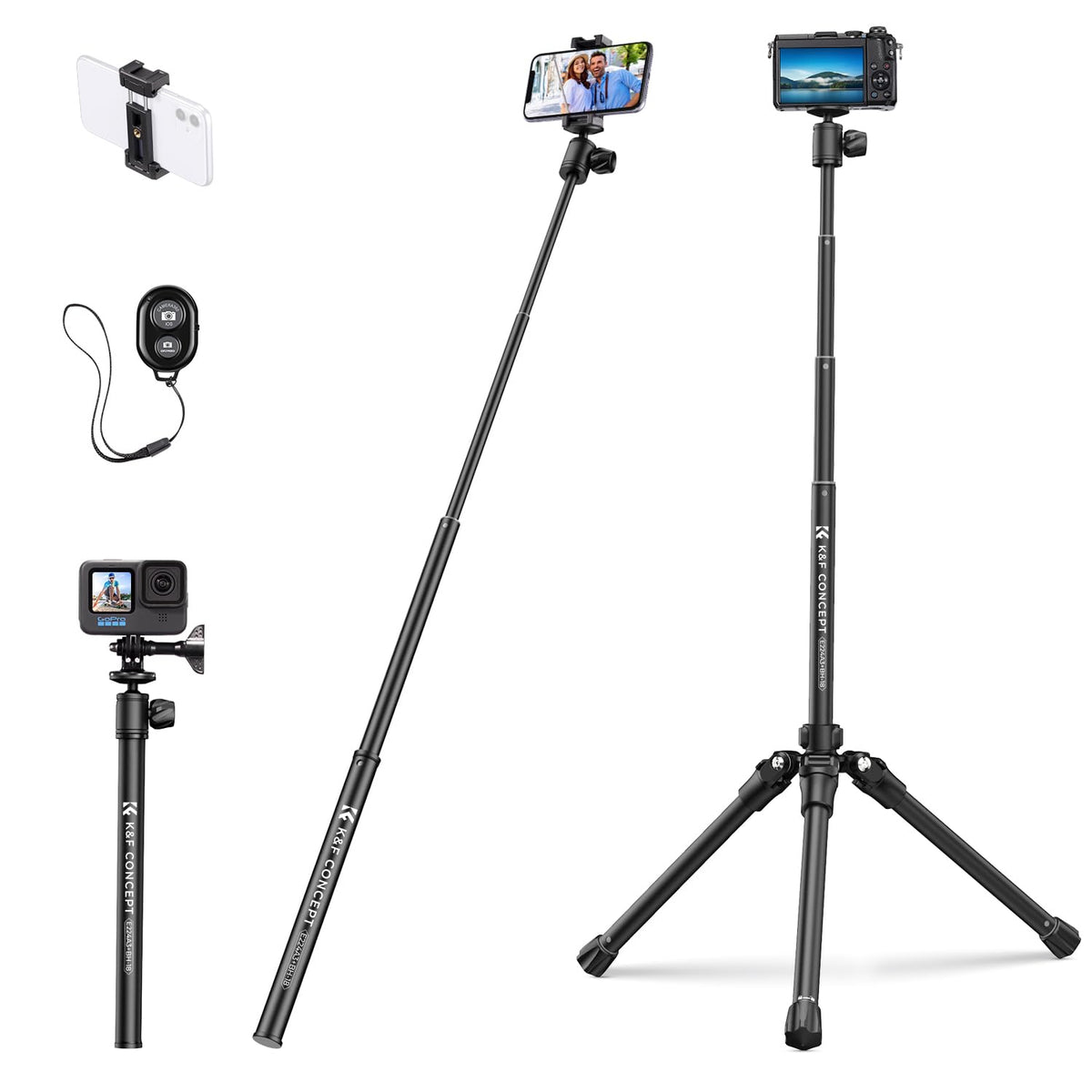 K&F Concept 67''/170Cm Cellphone Tripod, 2 In 1 Lightweight Compact Portable Selfie Stick With Phone Holder, Dslr Camera Tripod With Smartphone Remote E224A3+Bh 18 Black
