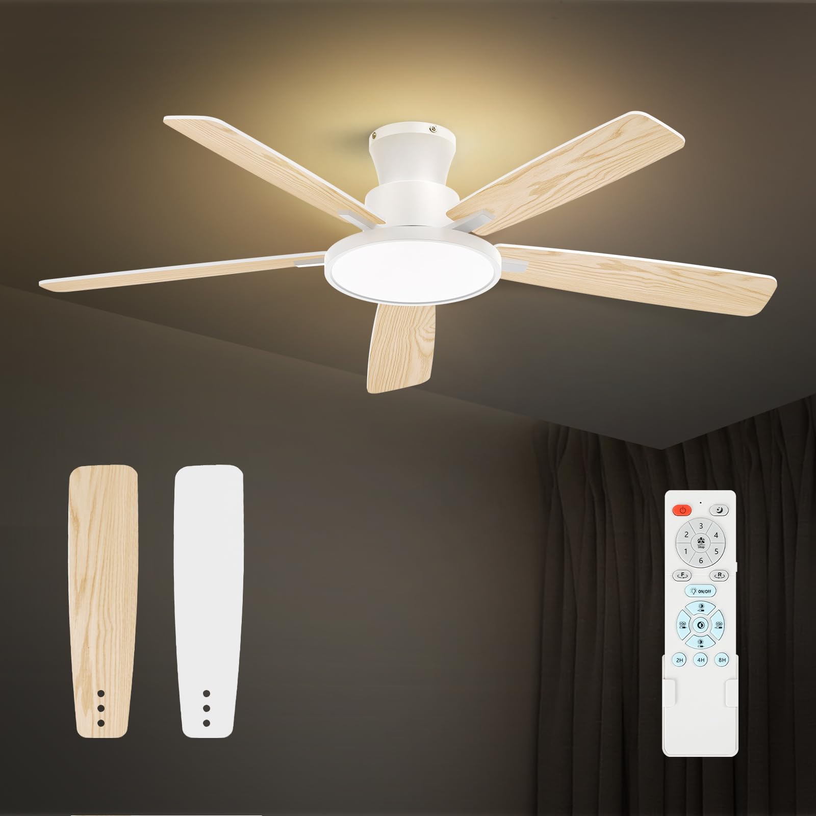 Atolit Ceiling Fans with Lights,52 inch,Nightlight,Quiet,Reversible Motor,6 Speeds,Timer, Low Profile Ceiling Fan for Bedroom,Li