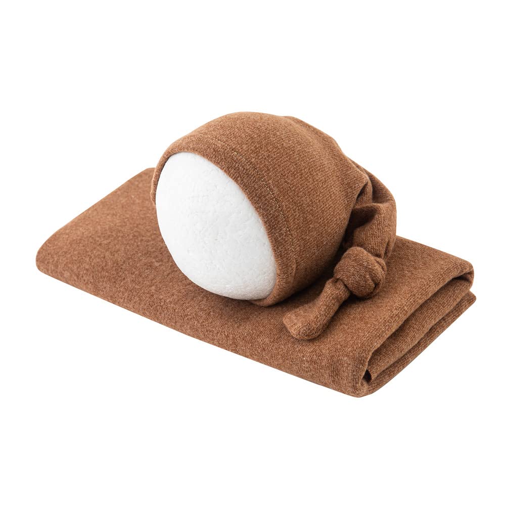 Coberllus Newborn Photography Props Boys Girls Hat With Wrap Photo Props Blanket Newborn Posing Fabric Set (Brown)