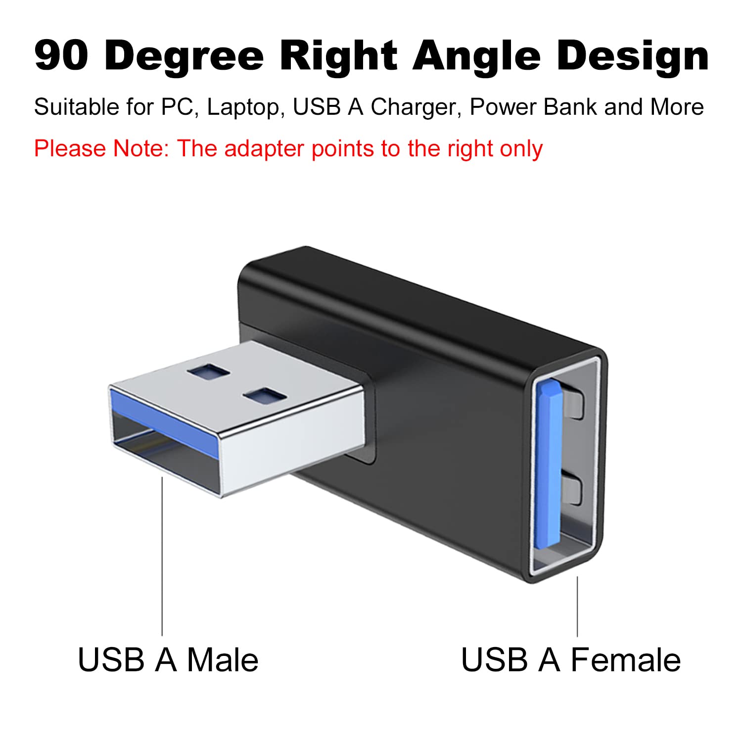 Areme 90 Degree Usb 3.0 Adapter 2 Pack, Right Angle Usb A Male To Female Converter Extender For Pc, Laptop, Usb A Charger, Power Bank And More (Black)