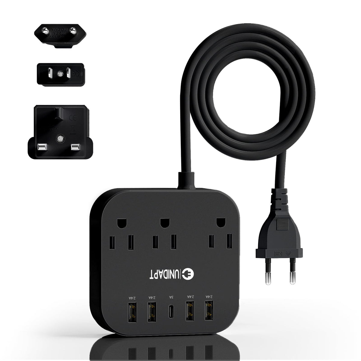 European Plug Adapter, Unidapt Us To Uk Europe Power Strip For Eu/Uk/Us With Usb C And 4 Usb Ports, 3 Ac Outlets, Wall Mountable