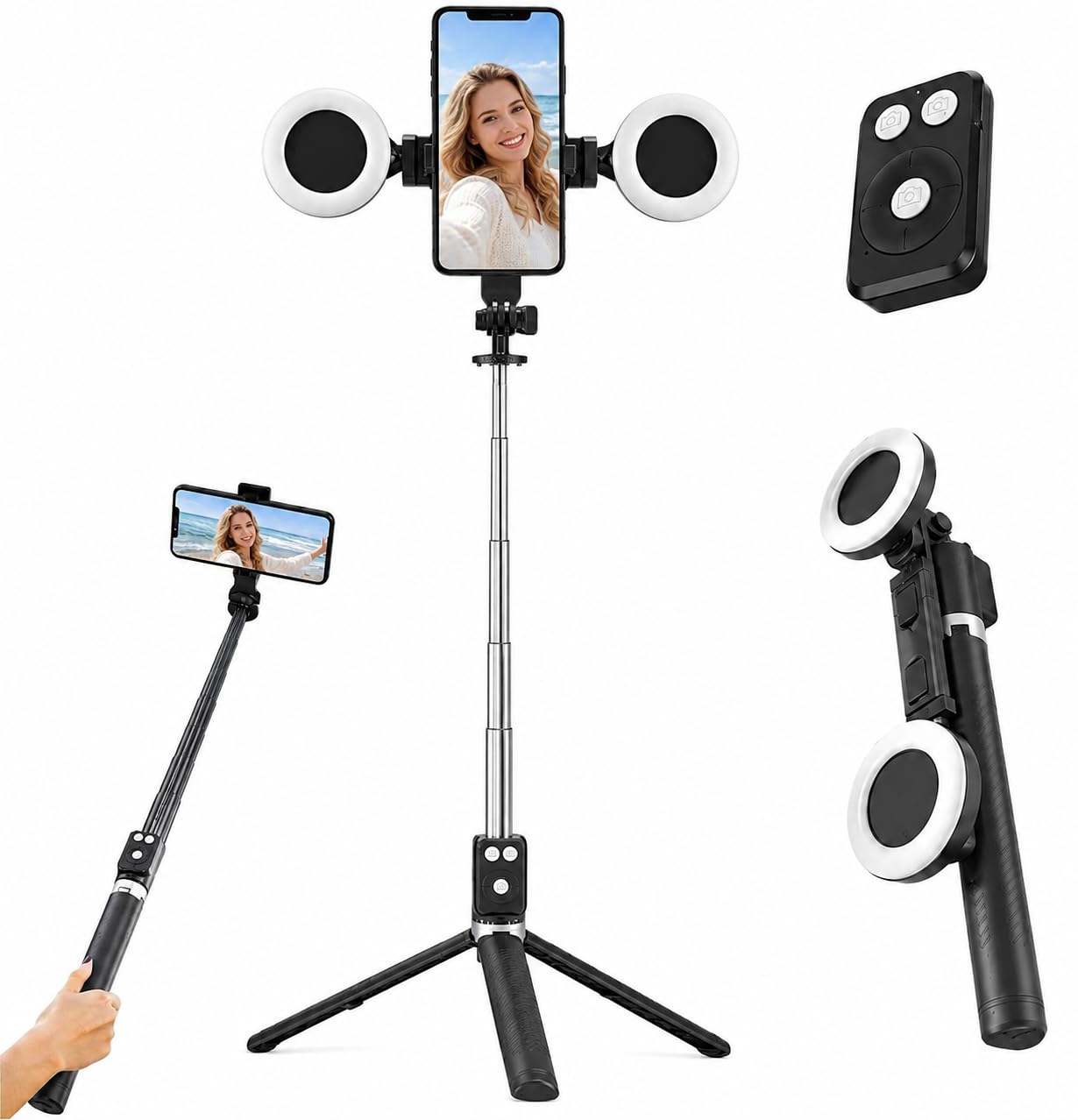 Black Tripod for iPhone with Light, Ring Light Holder for iPhone, Adjustable Selfie Stick Stand with Fill Light, Extendable Phon