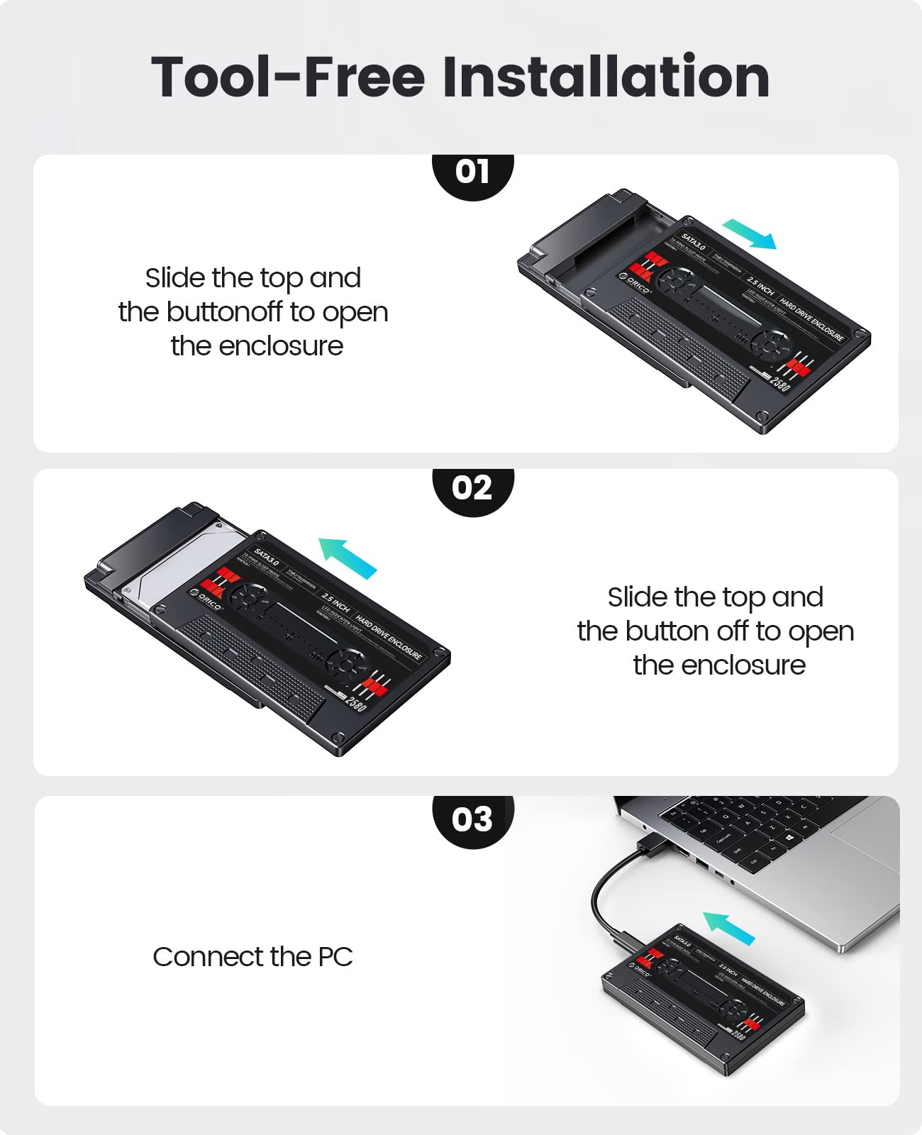 Orico 2.5'' Hard Drive Enclosure Sata To Usb3.0 Diy Sticker External Hdd Enclosure For 7/9.5Mm Hdd Ssd, Portable Hard Drive Case
