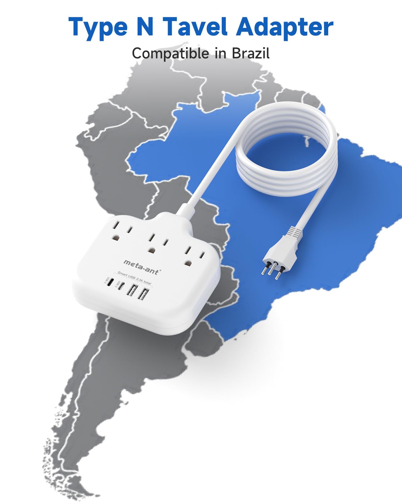Brazil Power Adapter With 5Ft Extension Cord, Meta Ant Us To Brazil Travel Plug With 3 American Outlets And 4 Usb Charger Port(2