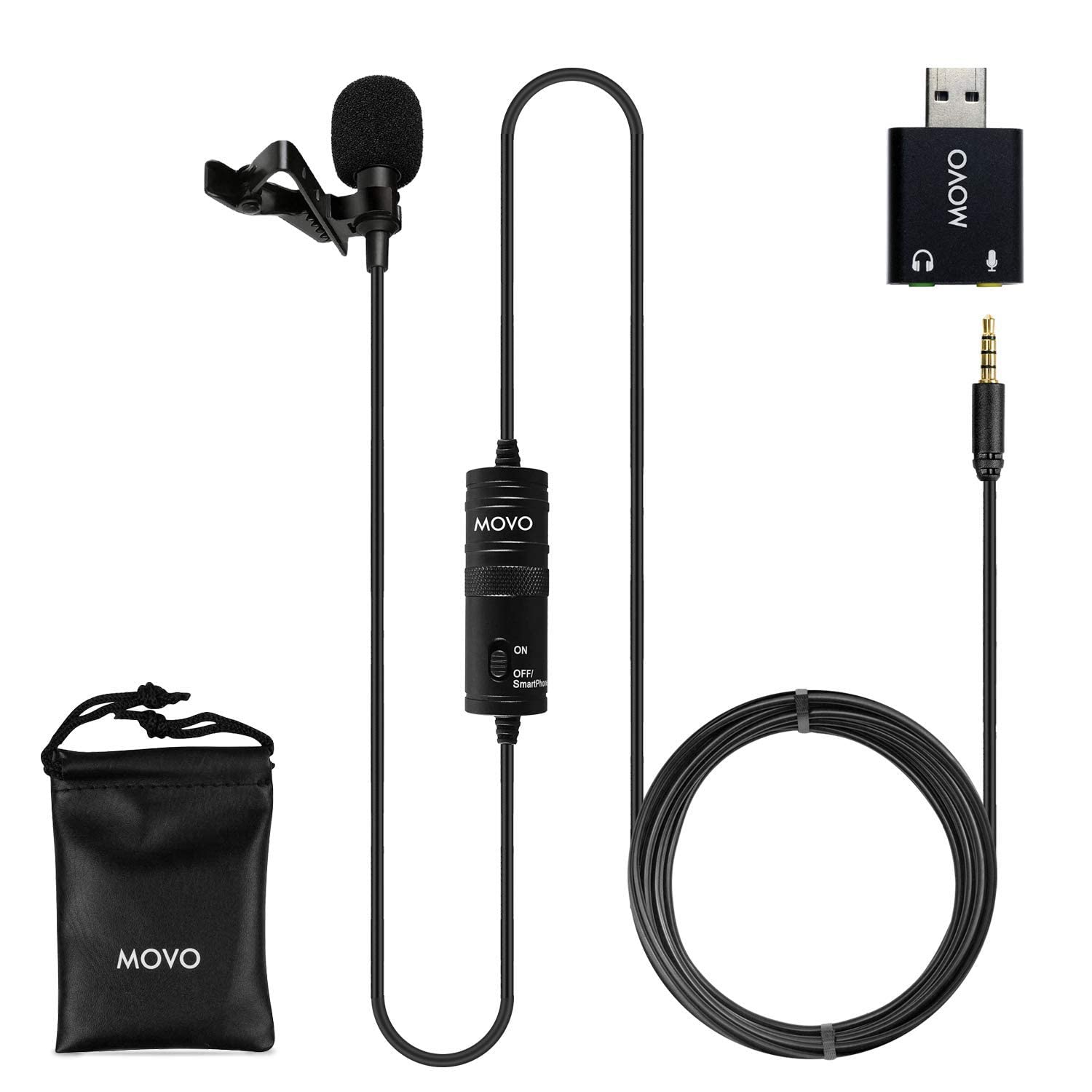 Movo LV1USB Lavalier Microphone for Computer, Lapel Microphone for iPhone and Android Smartphones, Lav Mic, Clip on Microphone 