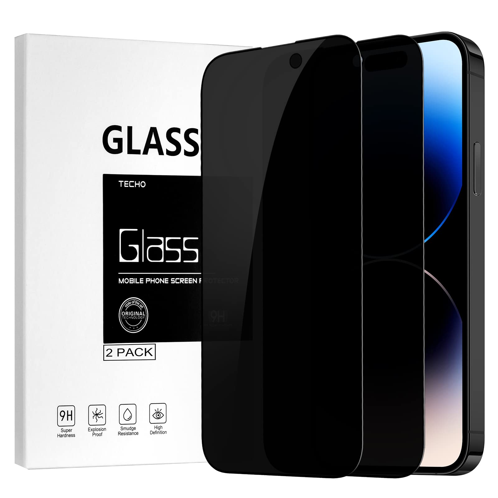 Techo Privacy Screen Protector Compatible With Iphone 14 Pro Tempered Glass Film (Edge To Edge Full Coverage) (Anti Spy Private)