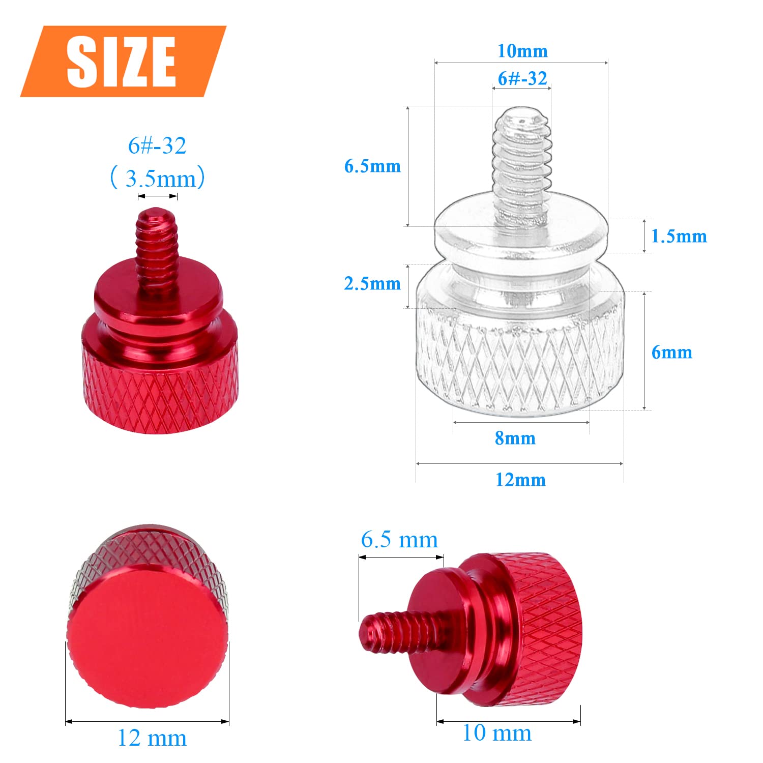 Helifouner 10 Pieces 6 32 Thread, Red Color Anodized Aluminum Computer Case Thumbscrews, Thumb Screws For Computer Case/Cover/Po