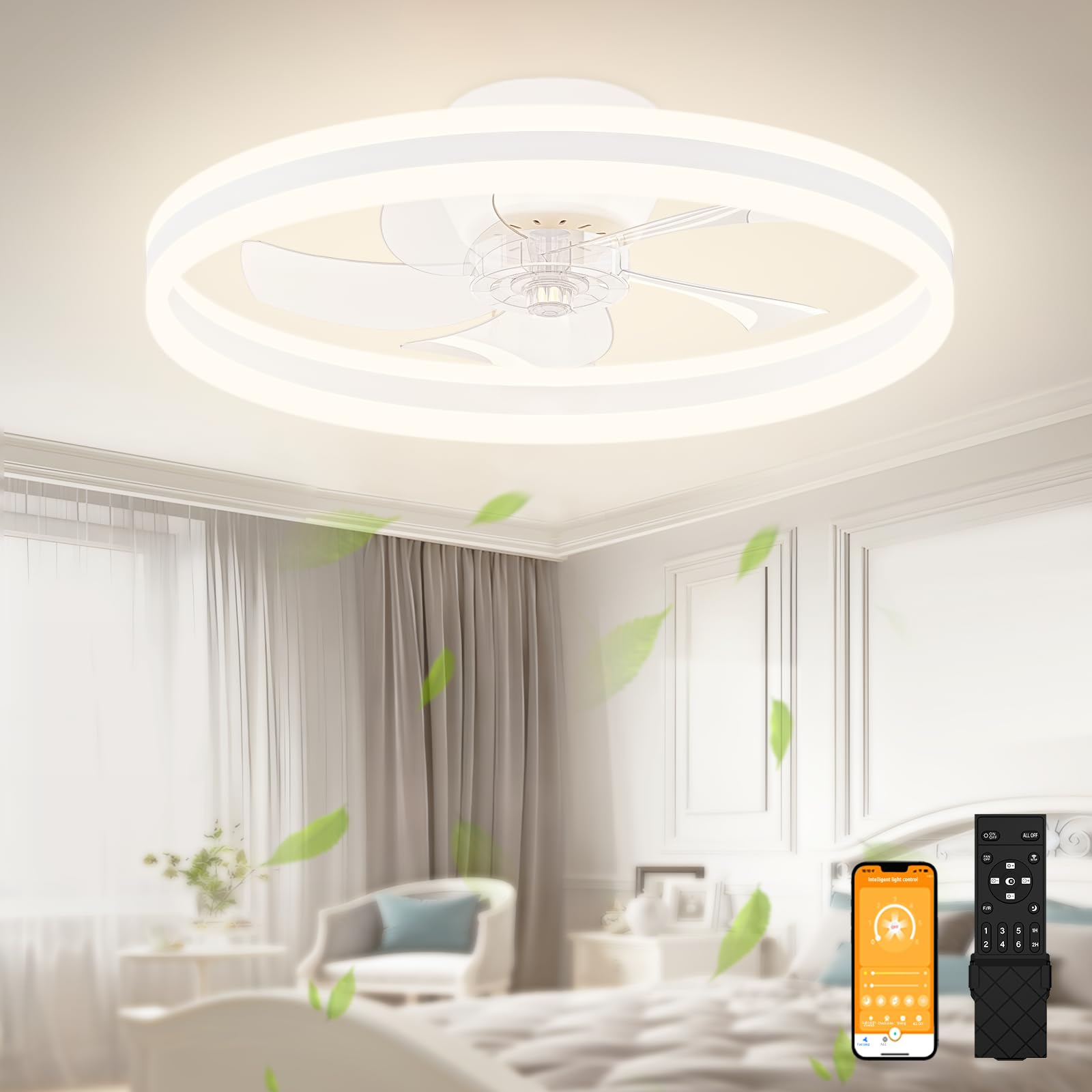 VOLISUN Low Profile Ceiling Fans with Lights and Remote, 19.7in Flush Mount Ceiling Fans with Light, 3000K-6500K Dimmable Fandel